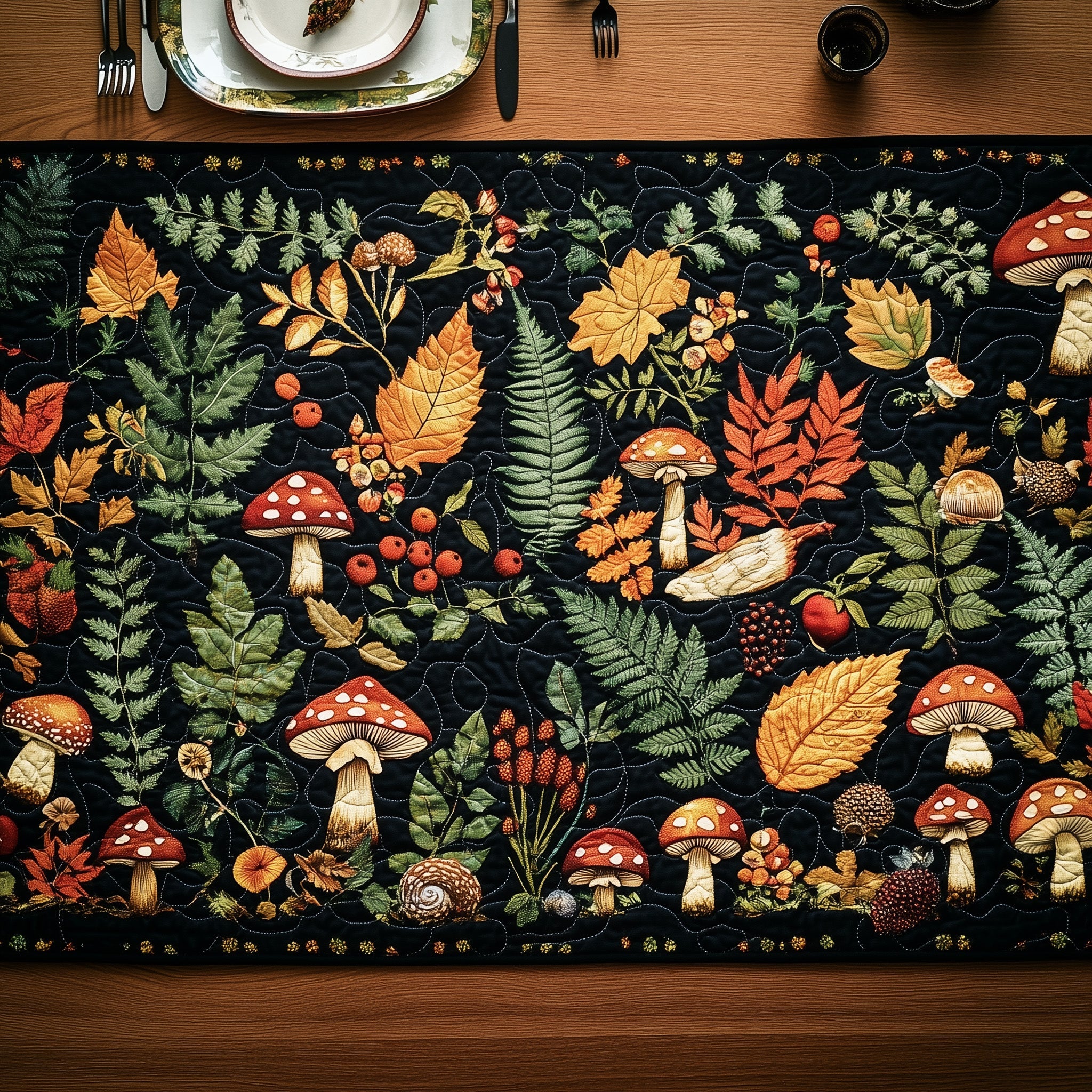 Mystic Mushroom Garden Quilted Table Runner Table Runner Gift for Holiday Season