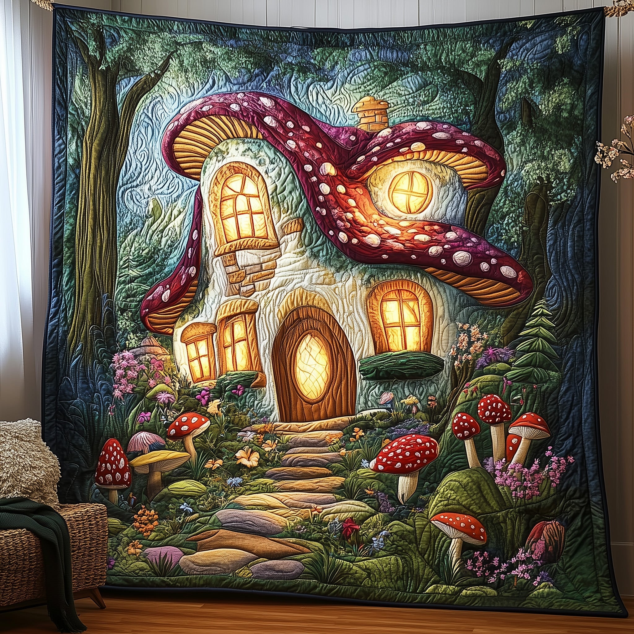 Mystic Mushroom Hut Quilted Blanket Cute Cozy BlanketCute Mushroom Gifts