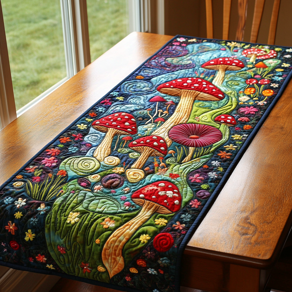 Mystic Mushroom Quilted Table Runner Kitchen Table Decor Unique Mushroom Gifts