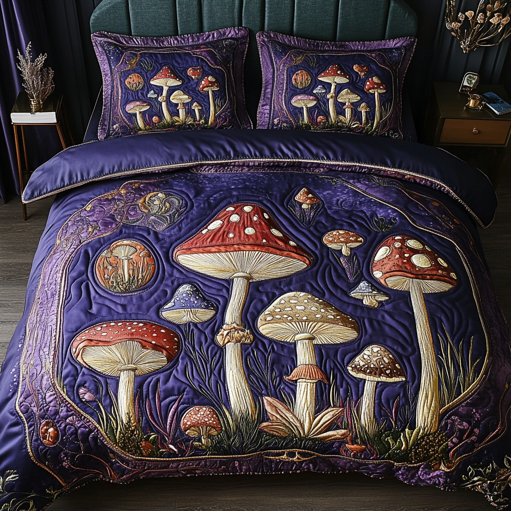 Mystic Mushrooms Quilted Bedding Set Bed Decor Cool Mushroom Gifts