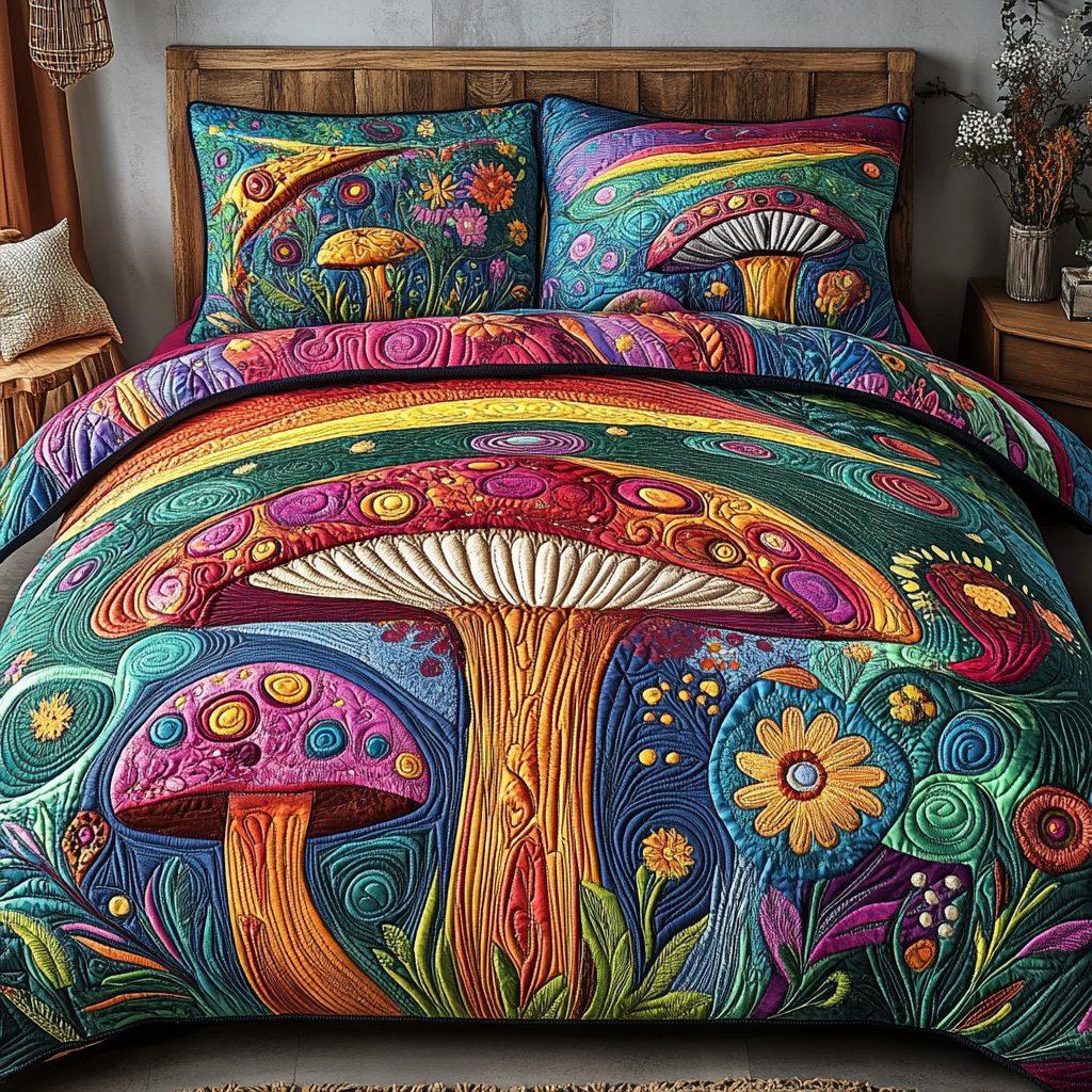 Mystic Mushrooms Quilted Bedding Set Duvet Cover Bed Sheet Set Best Christmas Gifts For Hippies
