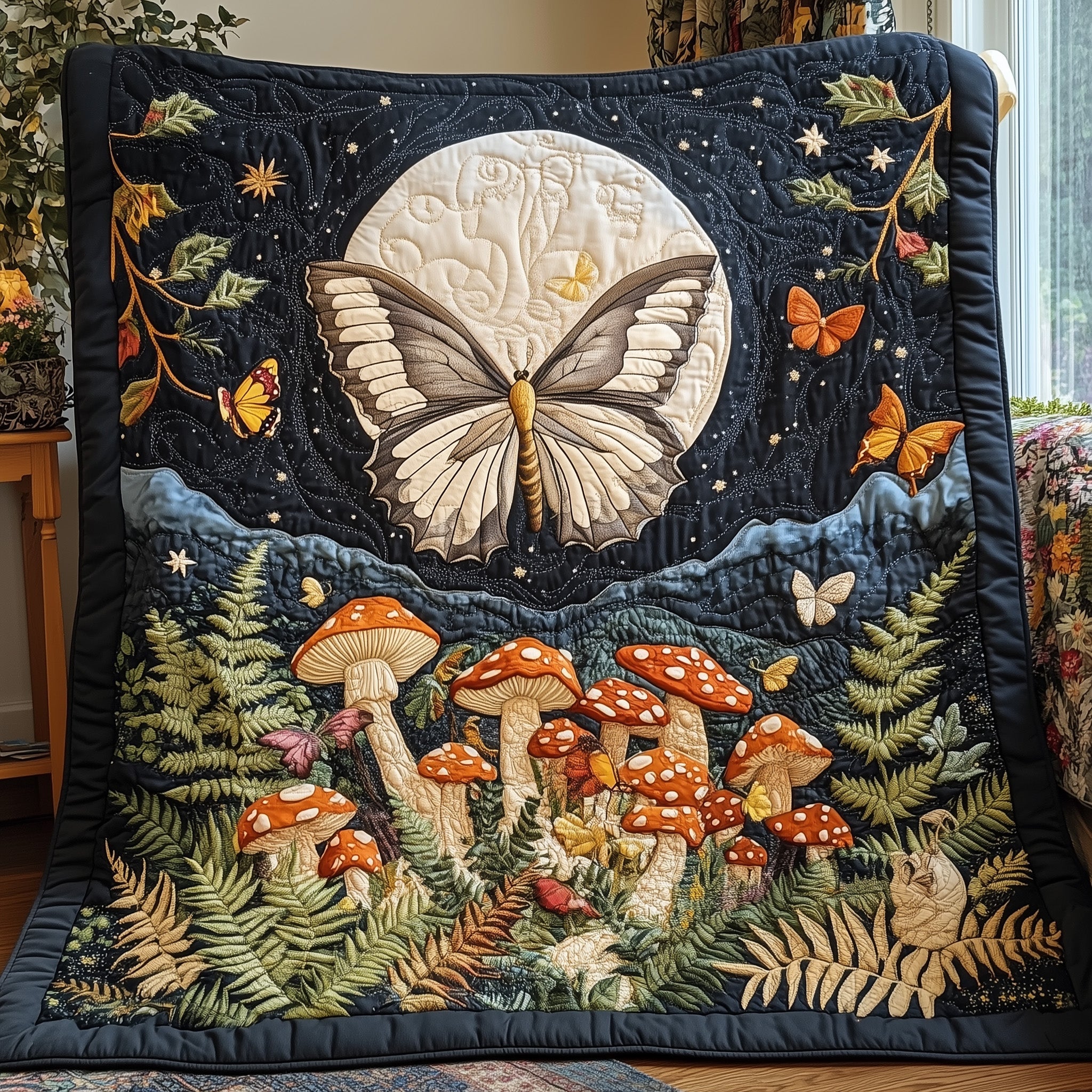 Mystic Mushrooms Quilted Blanket Cute Cozy BlanketGifts For Mushroom Hunters
