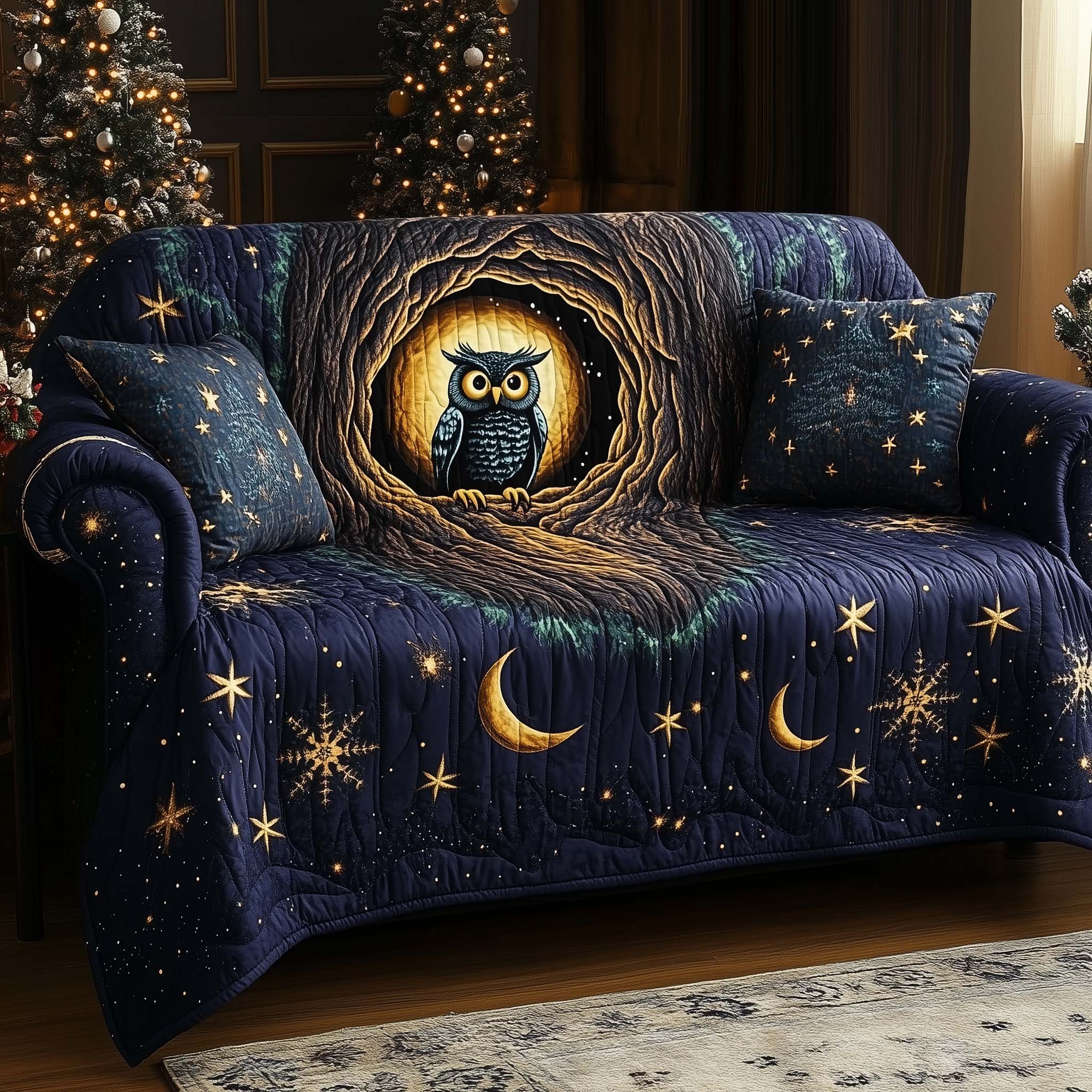 Mystic Night Owl Quilted Sofa Cover Enchanted Forest Bird Unique Gifts For Owl Lovers