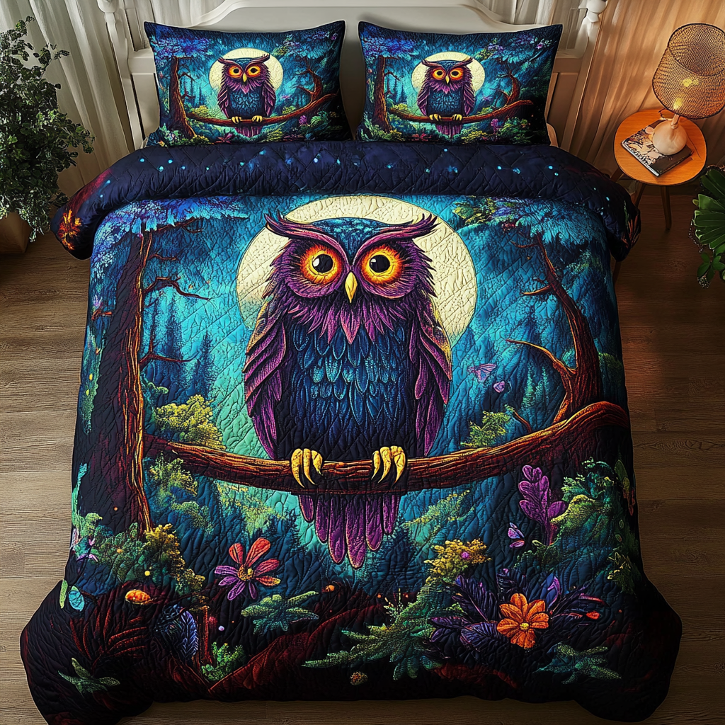 Mystic Owl Quilted Bedding Set Luxury Comforter Gift Set for Him or Her