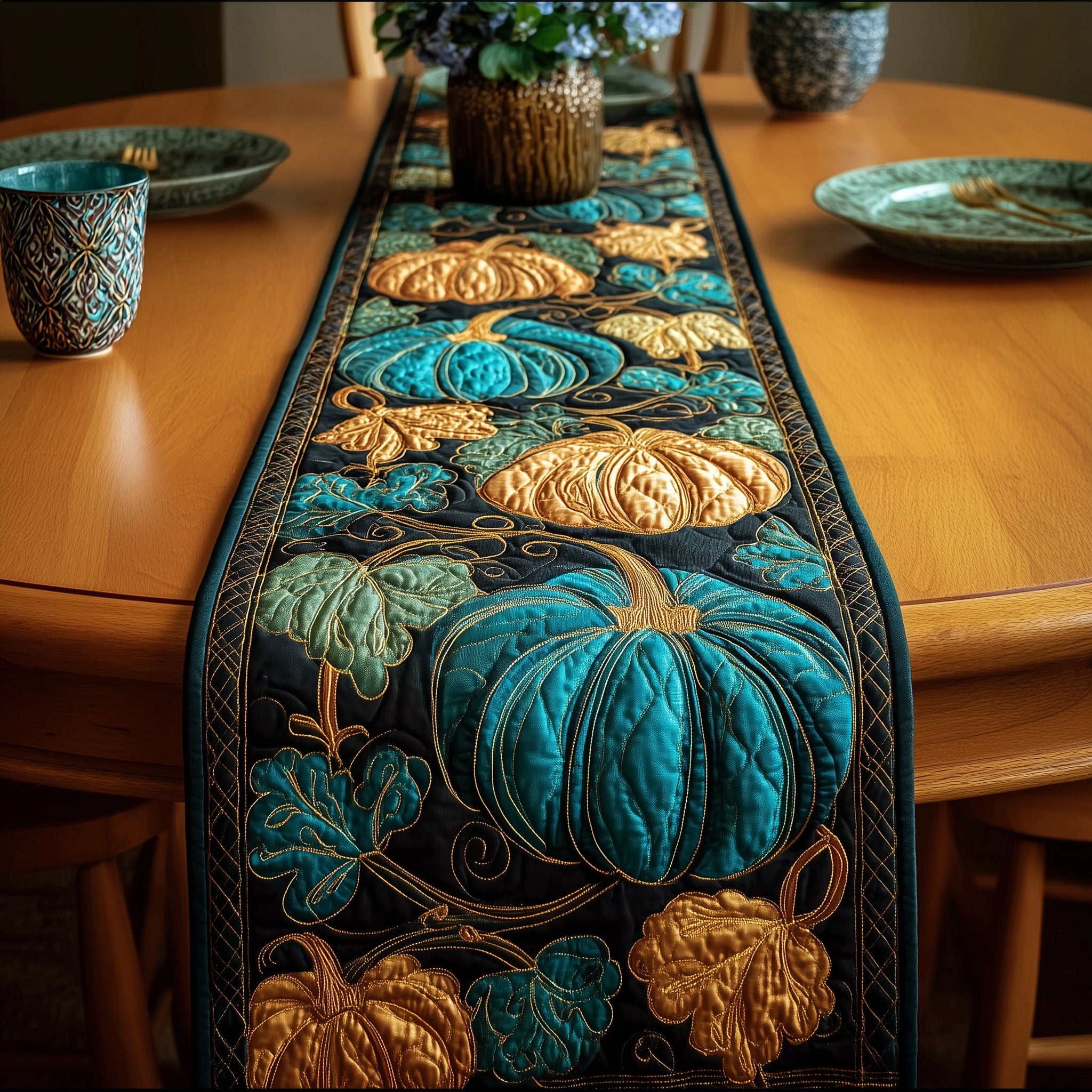 Mystic Pumpkin Night Quilted Table Runner Festive Christmas Dining Room Table Runner