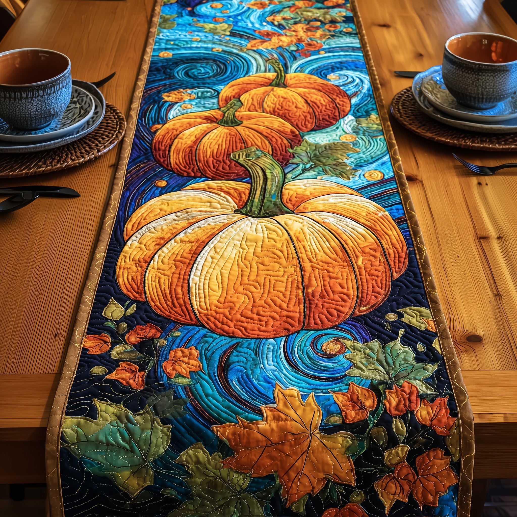 Mystic Pumpkin Night Quilted Table Runner Winter Holiday Table Runner Decor