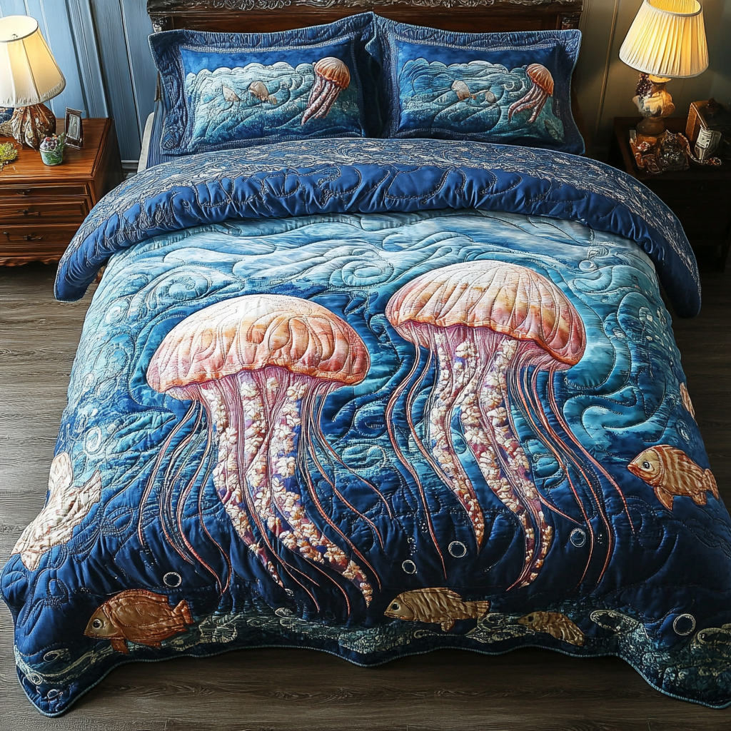 Mystic Sea Quilted Bedding Set Unique Bed Sheet Set Jellyfish Xmas Gift