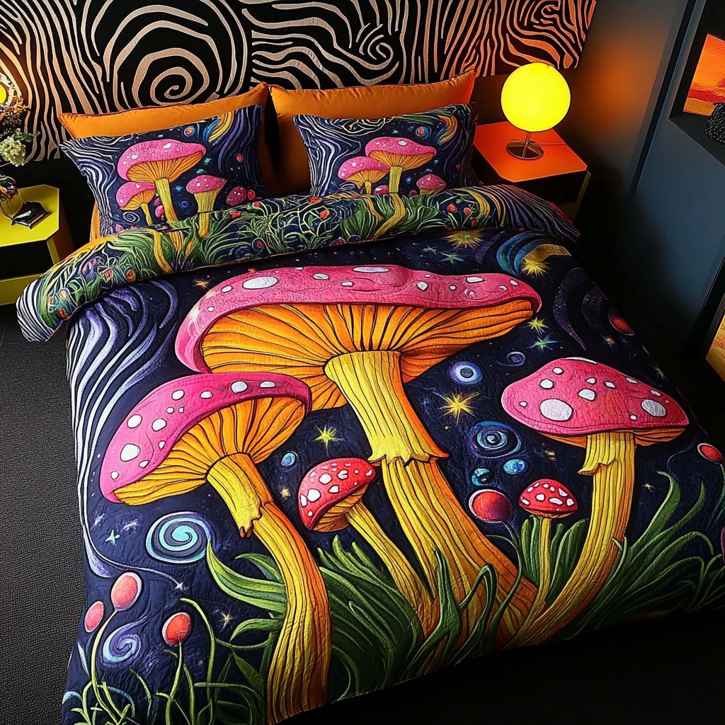 Mystic Shrooms Quilted Bedding Set Holiday Duvet Cover Set Gifts For Hippie Mom