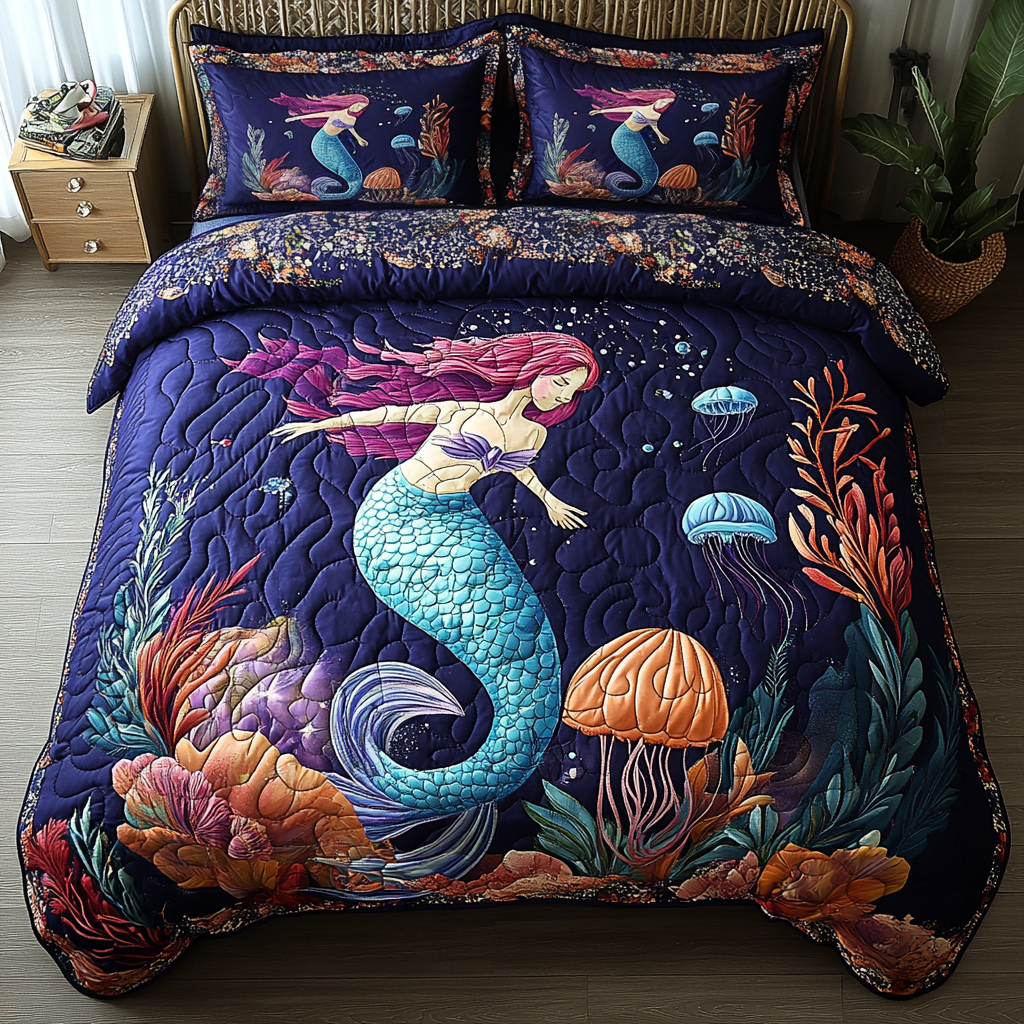 Mystic Siren Quilted Bedding Set Bed Room Decoration Mermaid Gifts For Women