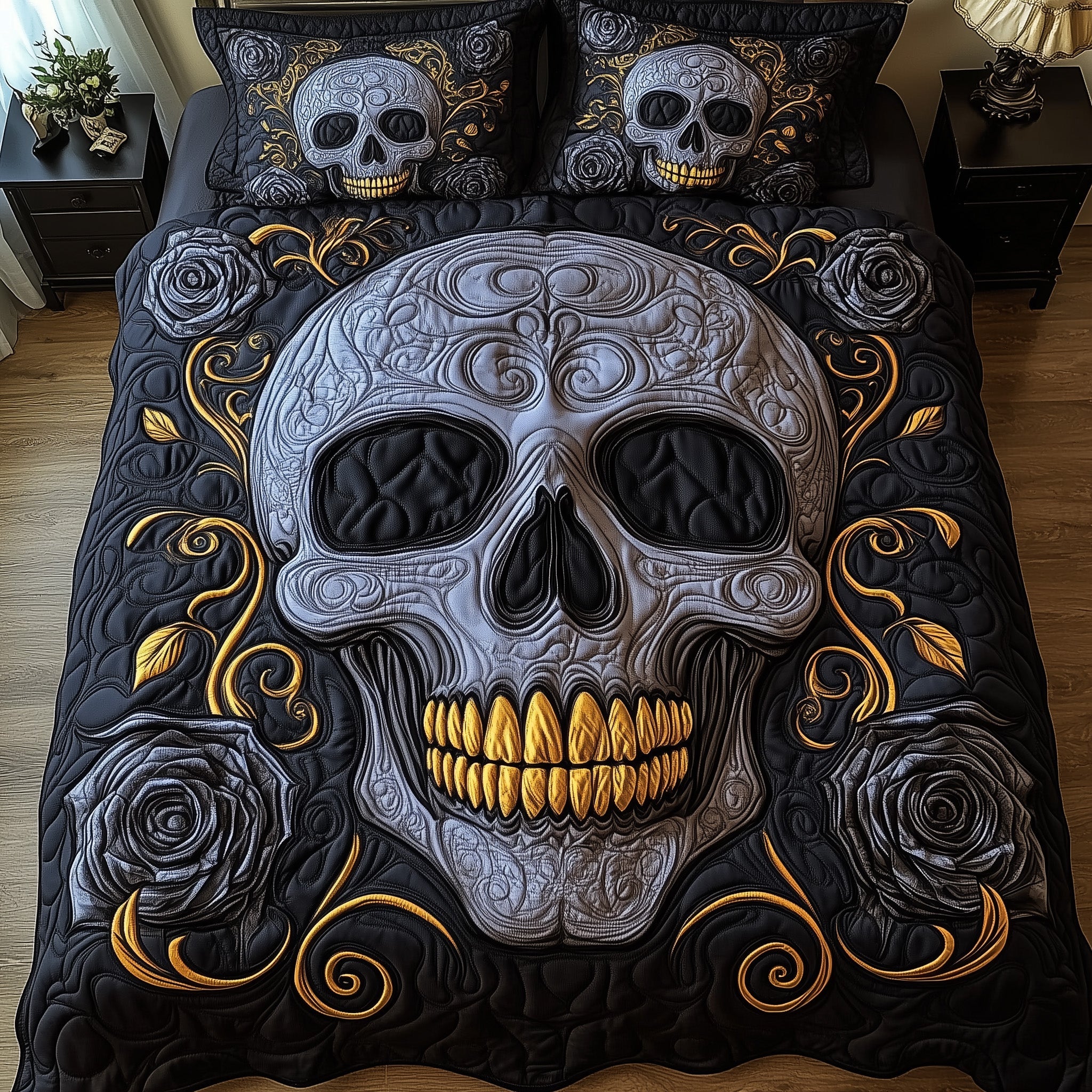Mystic Skull Quilted Bedding Set Horror Black Roses Skull Art Decor Haunted Bedding Gift Ideas