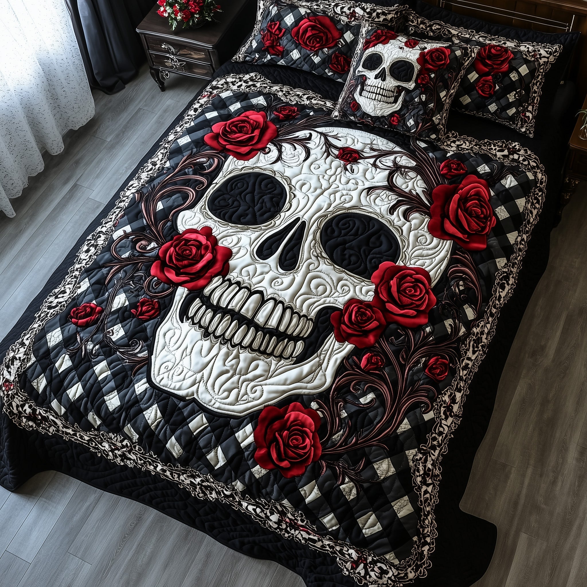 Mystic Skull Quilted Bedding Set Horror Red Roses Skull Art Decor Haunted Bedding Gift Ideas