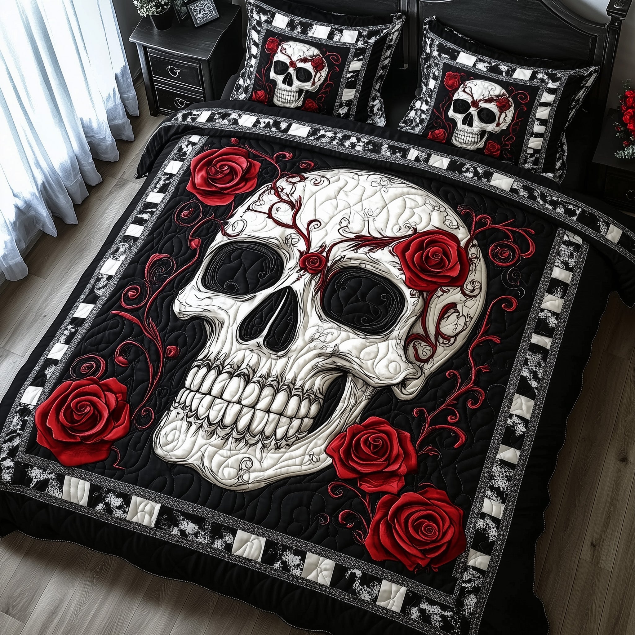 Mystic Skull Quilted Bedding Set Red Roses Skull Vibes Horror Halloween Presents