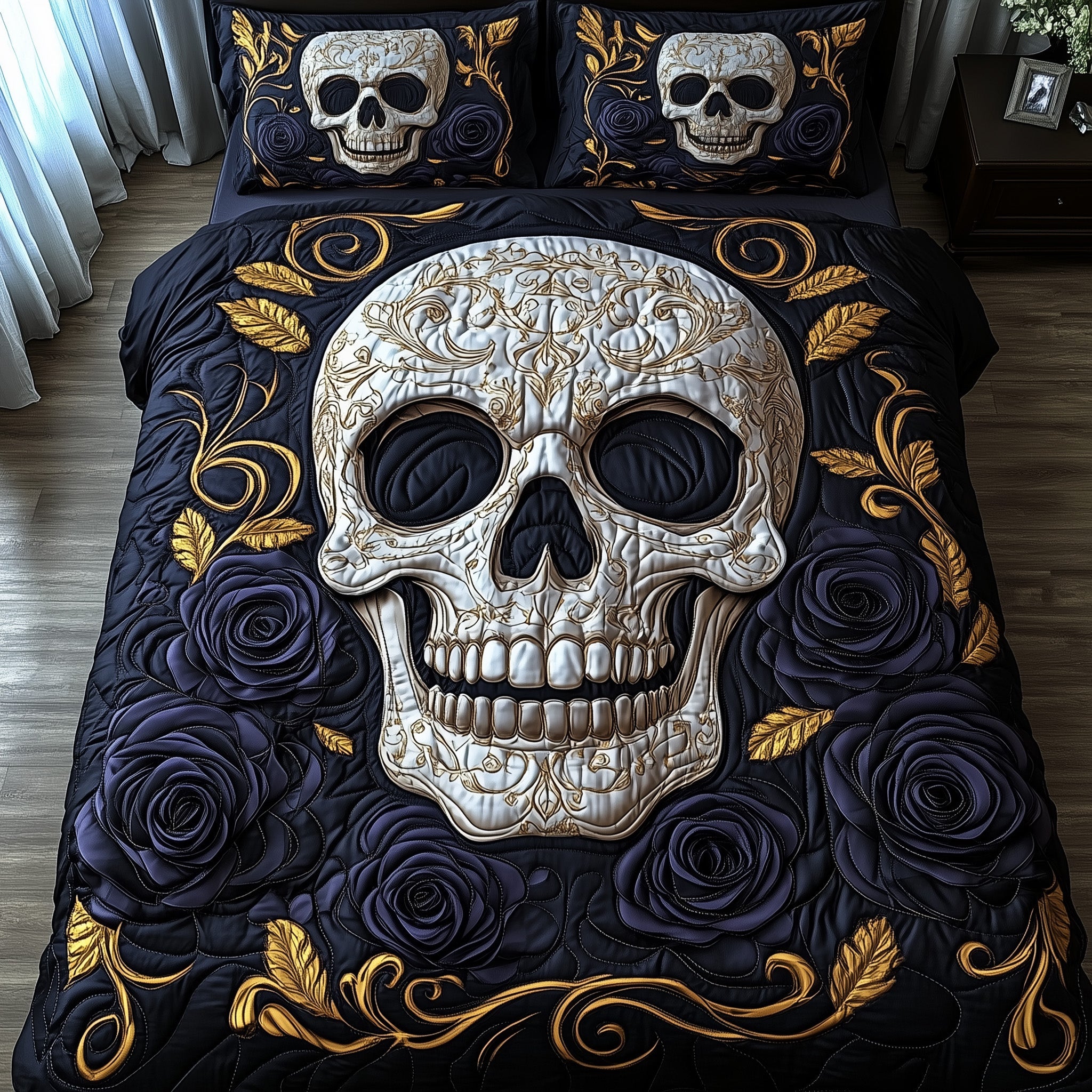 Mystic Skull Quilted Bedding Set Spooky Skull Head Happy Halloween Gift Ideas