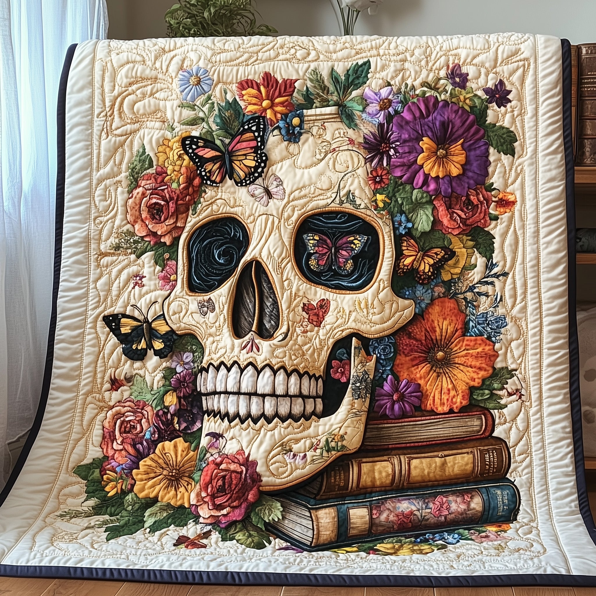 Mystic Skull Quilted Blanket Cute Cozy BlanketBook Skull Themed Gift Items