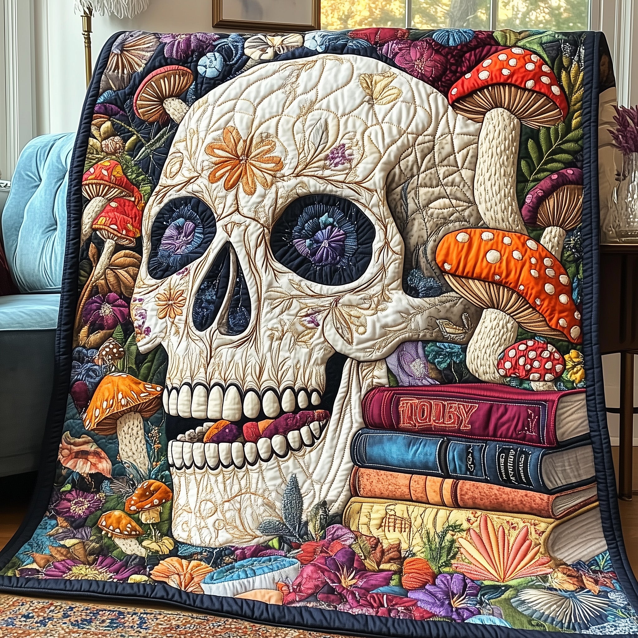 Mystic Skull Quilted Blanket Cute Cozy BlanketSkull Themed Gifts For Book Worm