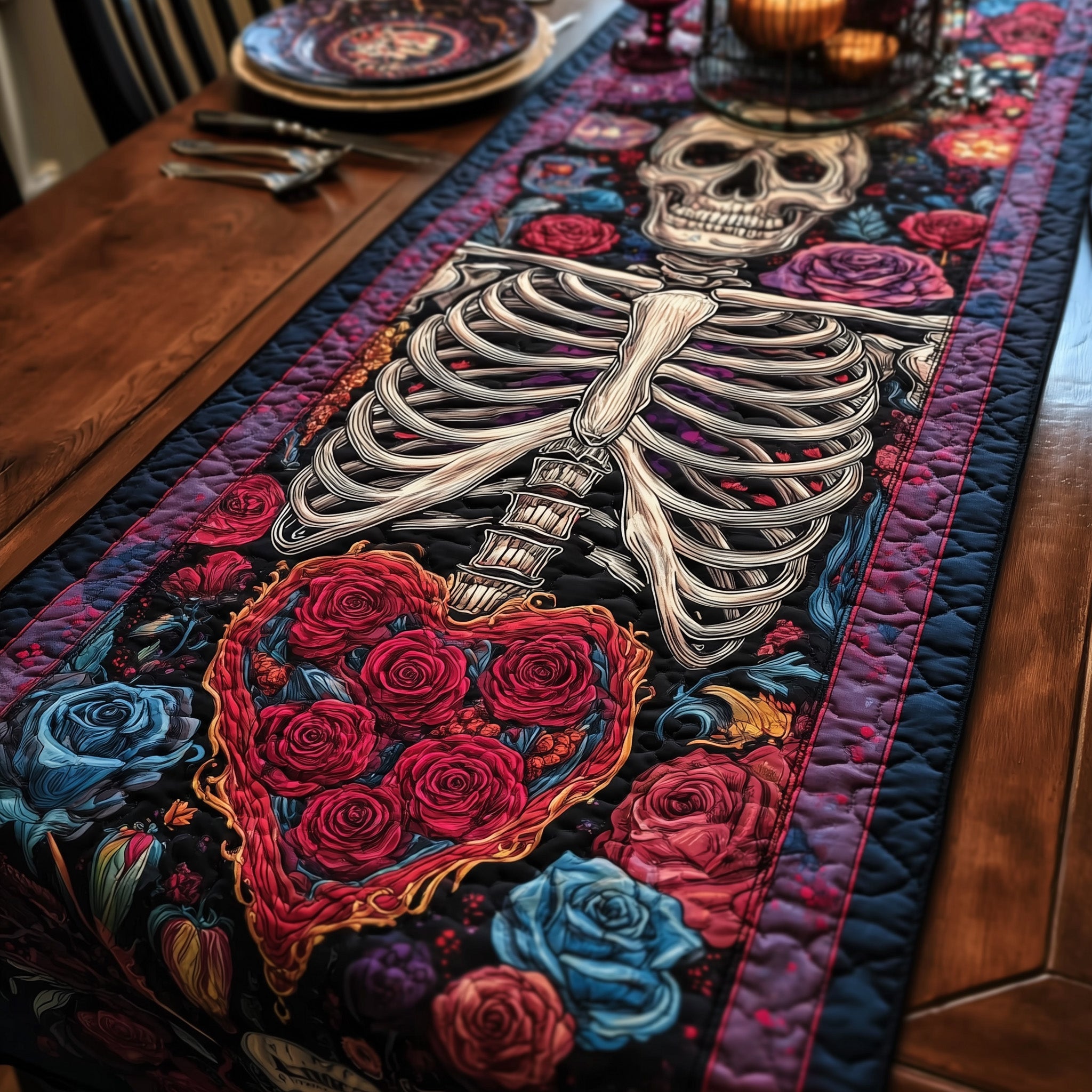 Mystic Skull Quilted Table Runner Holiday Dinner Table Runner