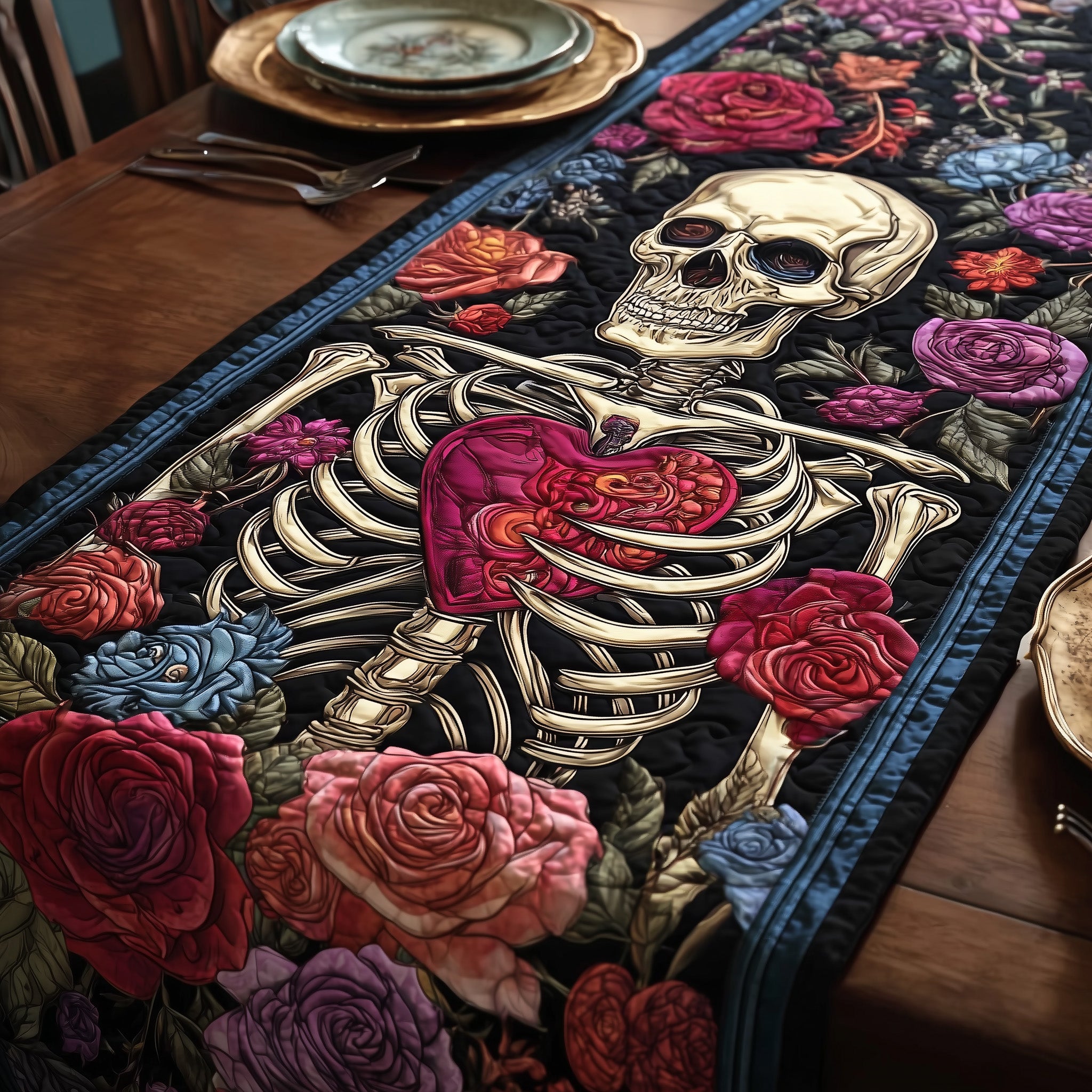 Mystic Skull Quilted Table Runner Holiday Party Table Runner