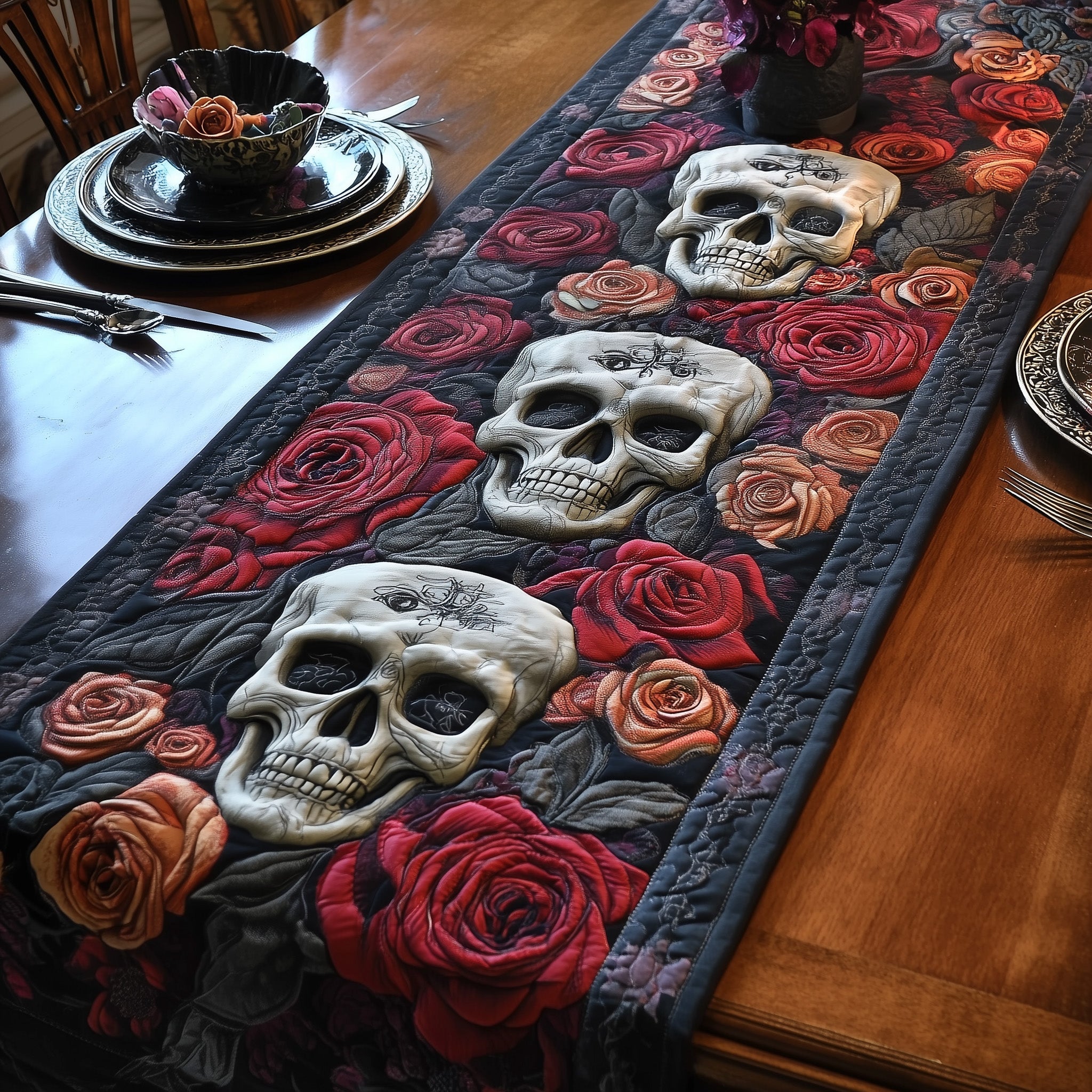 Mystic Skull Quilted Table Runner Seasonal Table Runner for Holidays