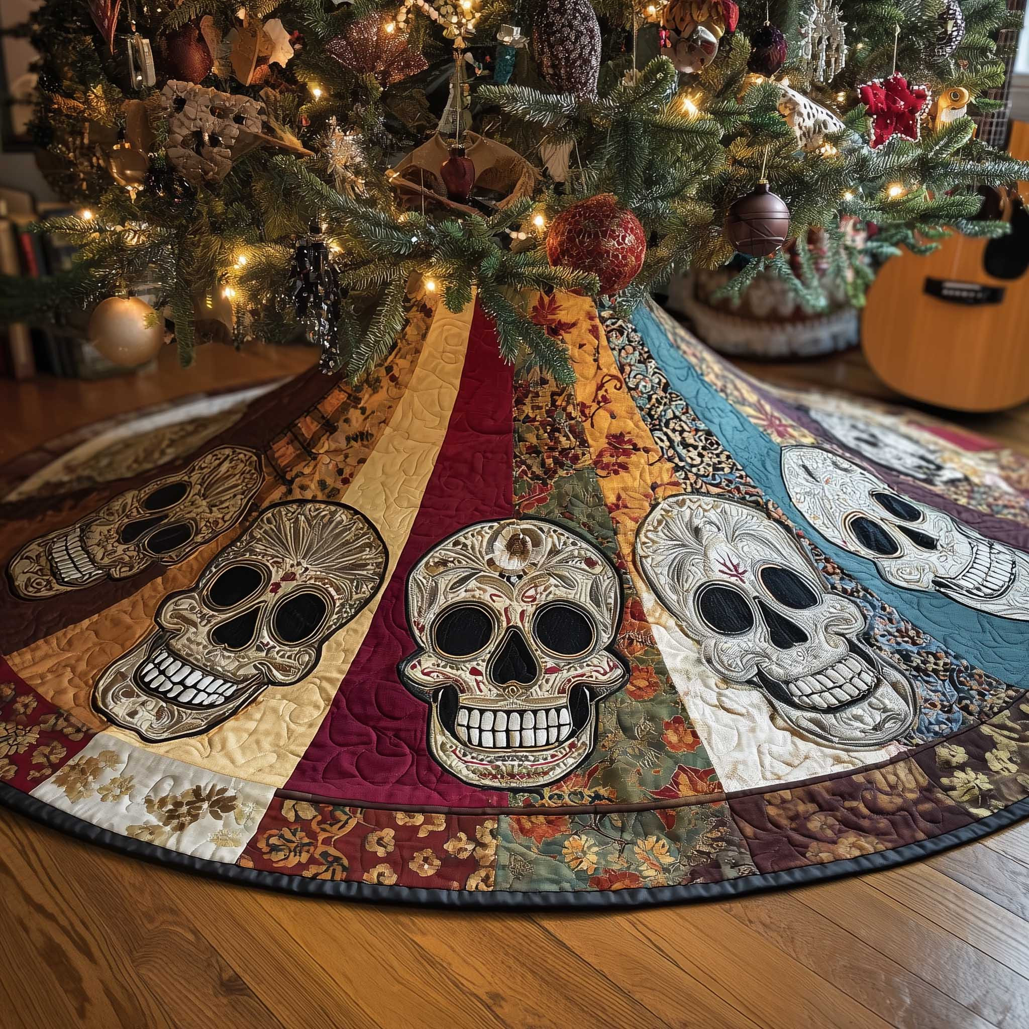 Mystic Skull Quilted Tree Skirt Boho Style Holiday Home Decor Skull Lover Gifts