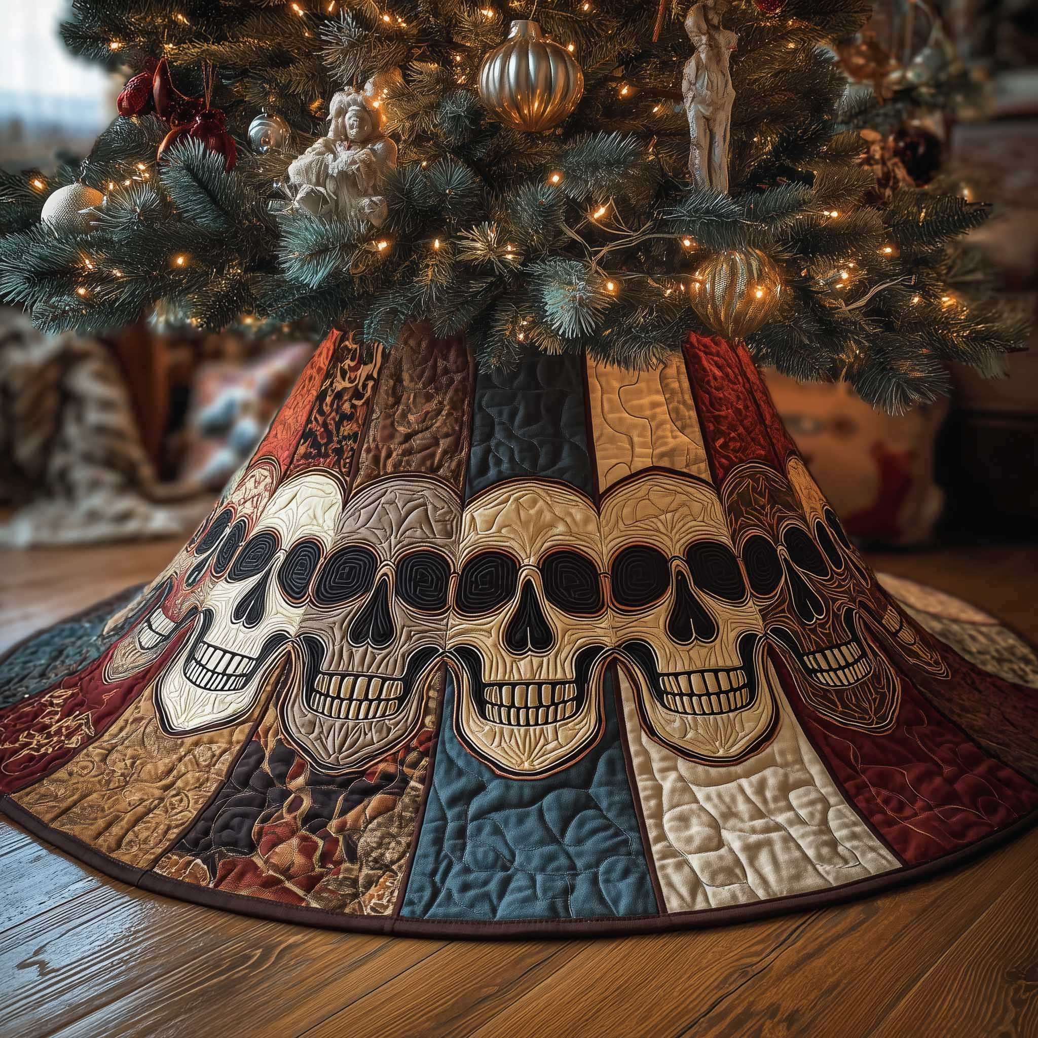Mystic Skull Quilted Tree Skirt Trending Home Decor 2025 Christmas Gifts For Skull Lovers
