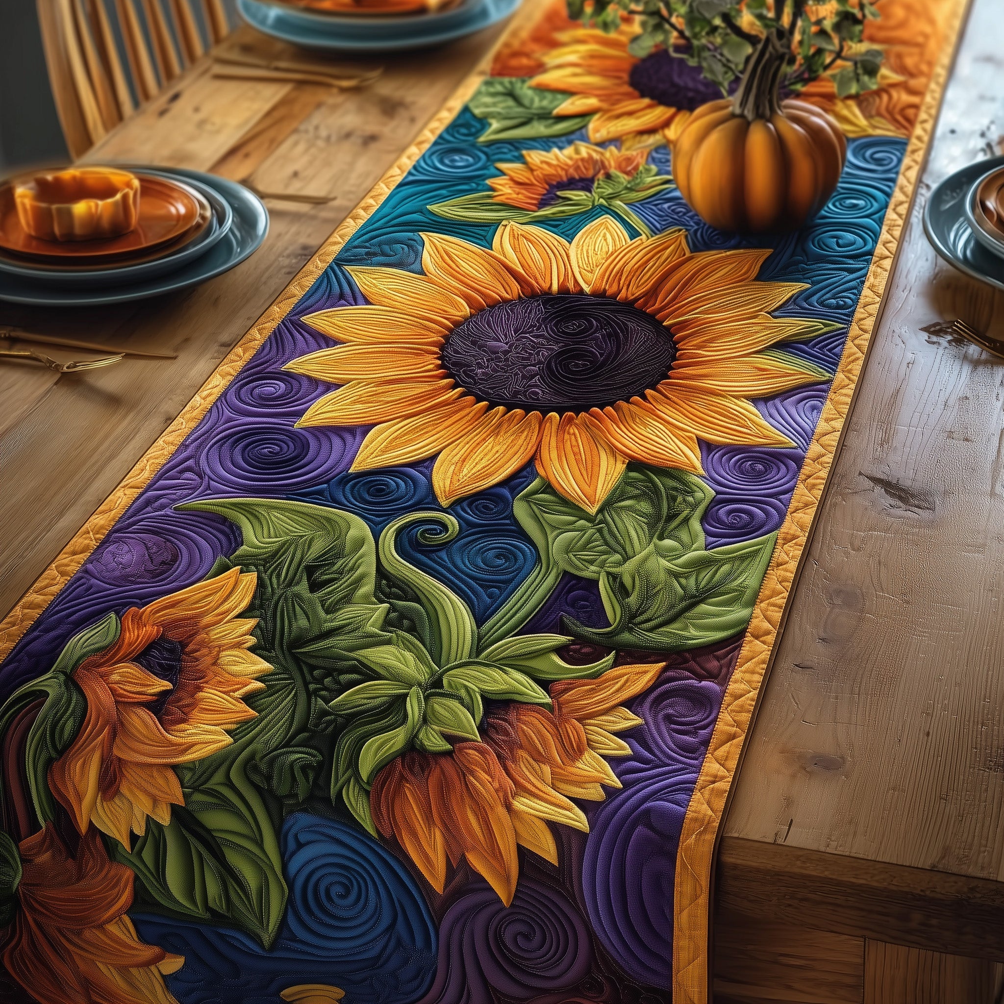 Mystic Sunflower Quilted Table Runner Holiday Table Runner Gift Idea
