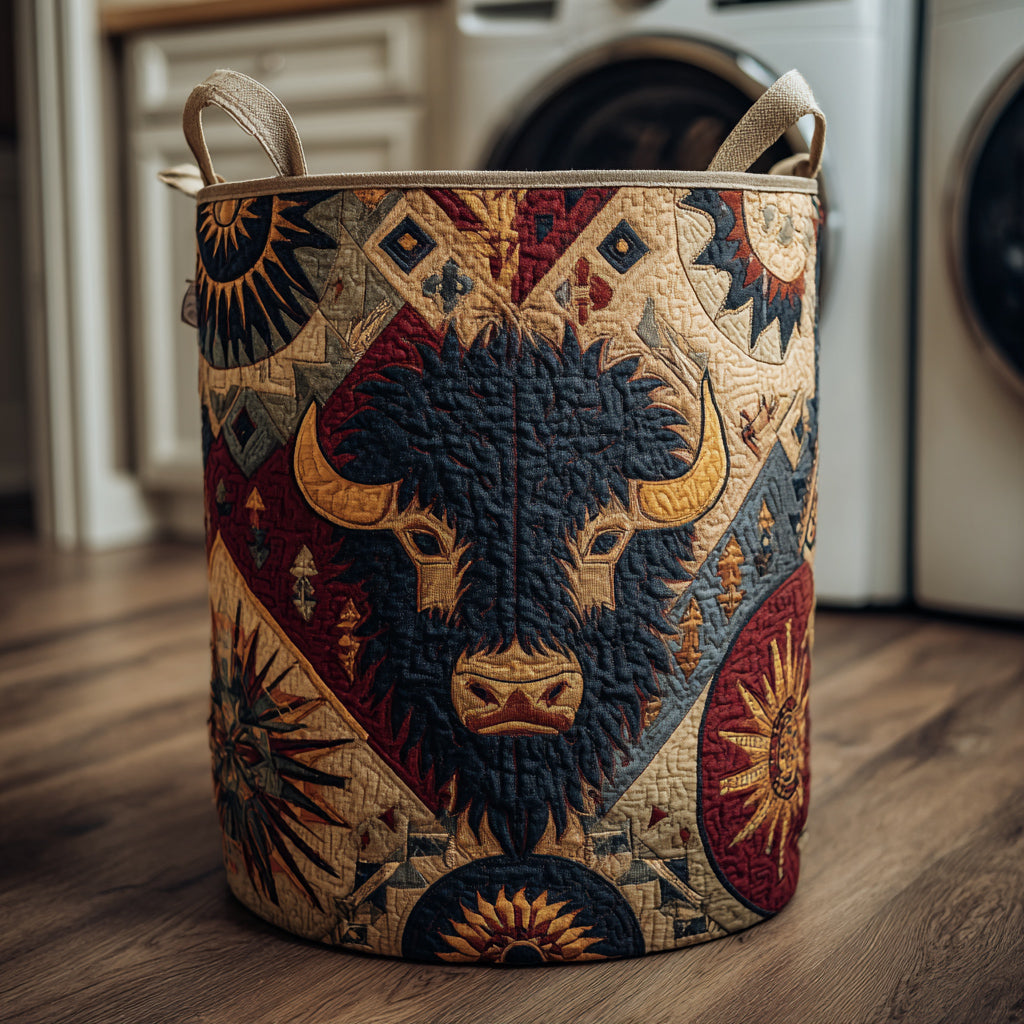 Mystic Tribal Bison Quilted Laundry Basket Decorative Quilted Laundry Basket for Neat Spaces