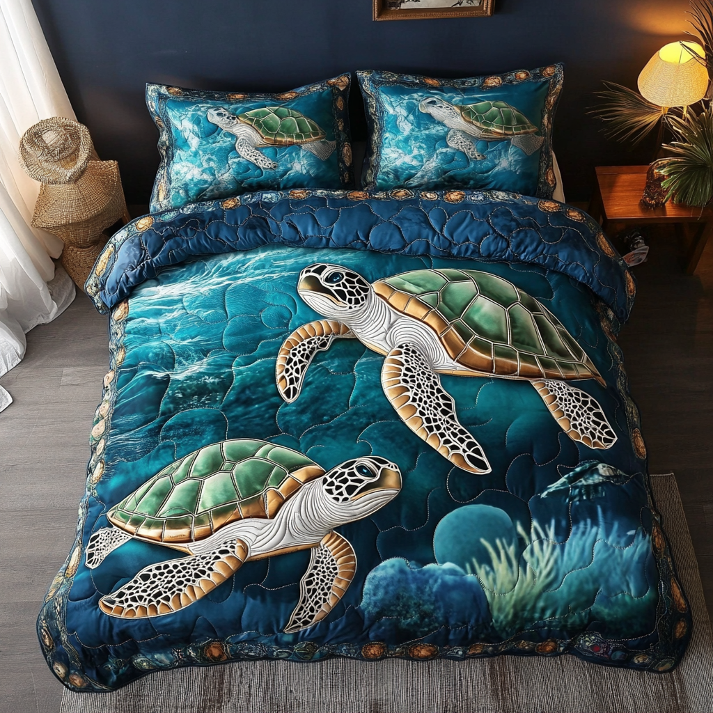 Mystic Turtle Quilted Bedding Set Bed Decor Sea Turtle Merchandise