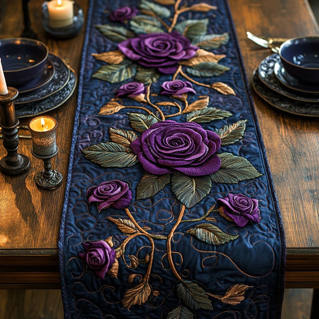 Mystic Violet Rose Quilted Table Runner Purple Floral Table Runner Birthday Gifts For Friends