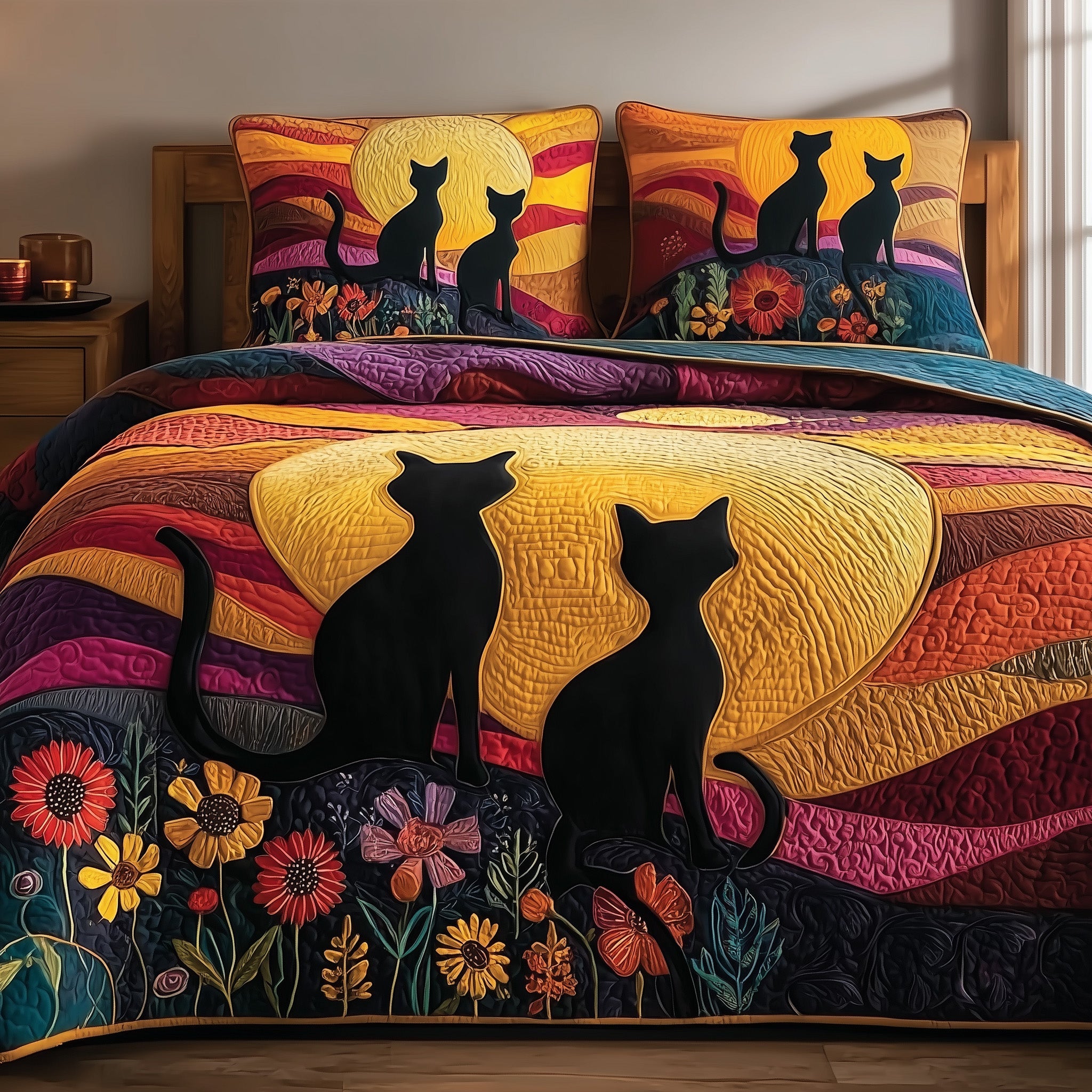 Mystic Whisker Quilted Bedding Set Duvet Cover Bedspread Awesome Cat Gifts