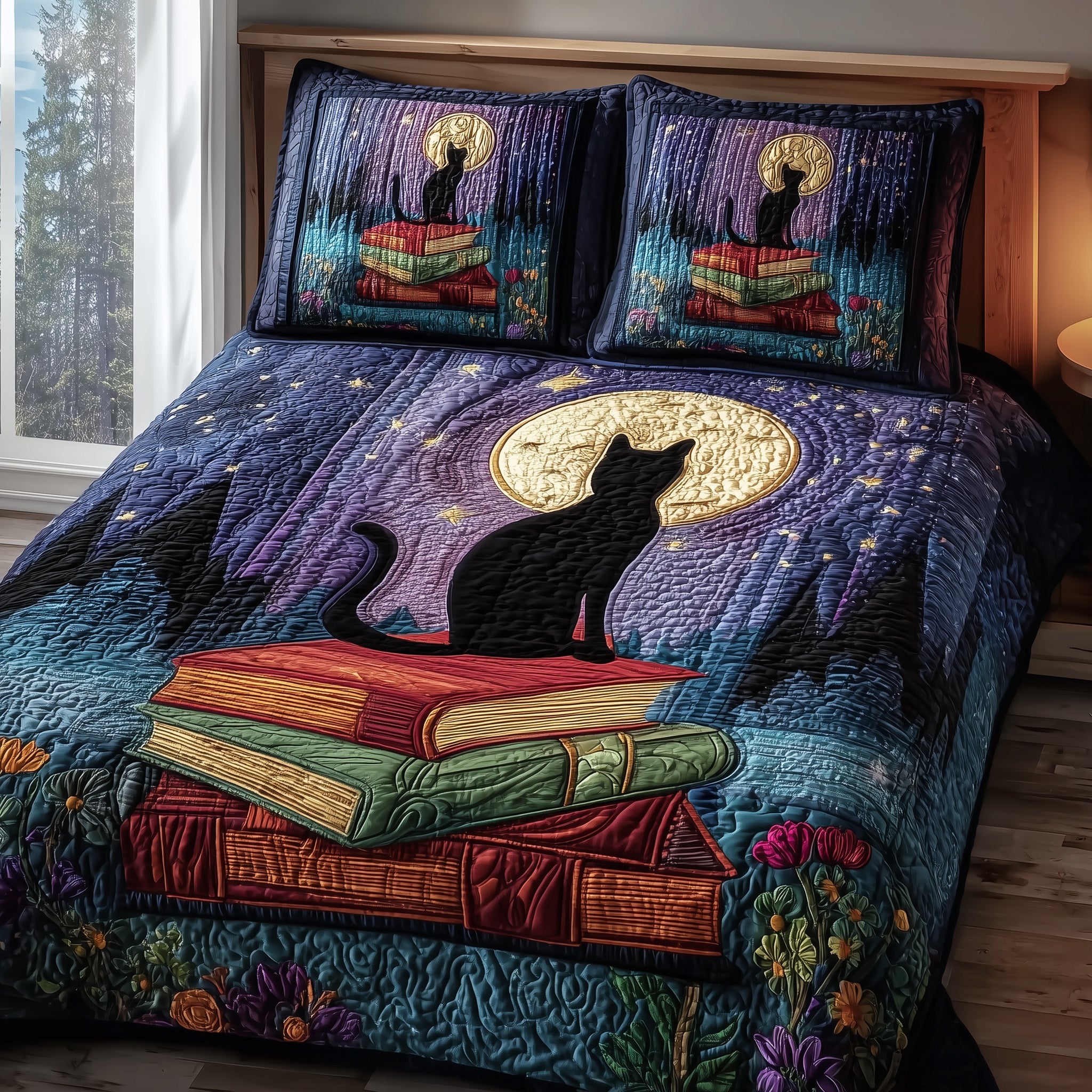 Mystic Whisker Quilted Bedding Set Duvet Cover Bedspread Cat Gifts For Her
