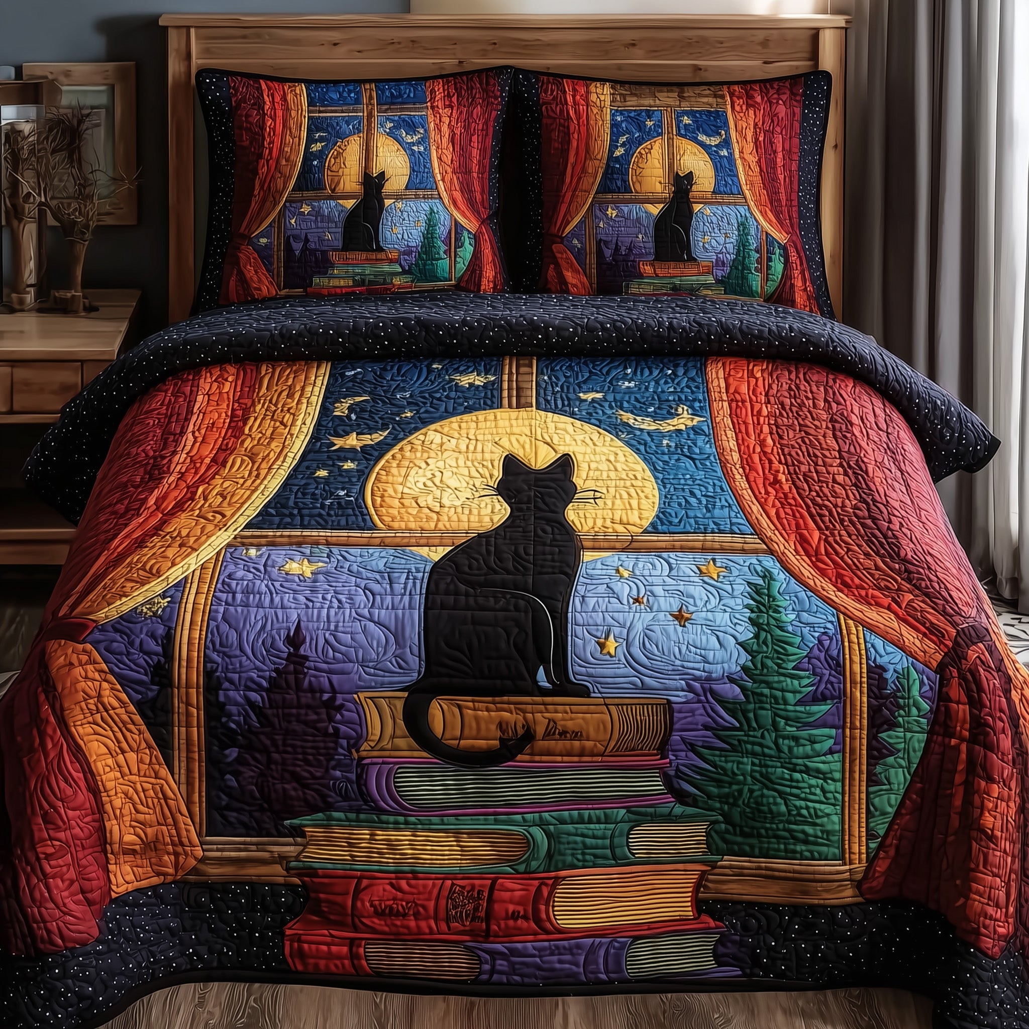 Mystic Whisker Quilted Bedding Set Duvet Cover Bedspread Cat Presents For Her