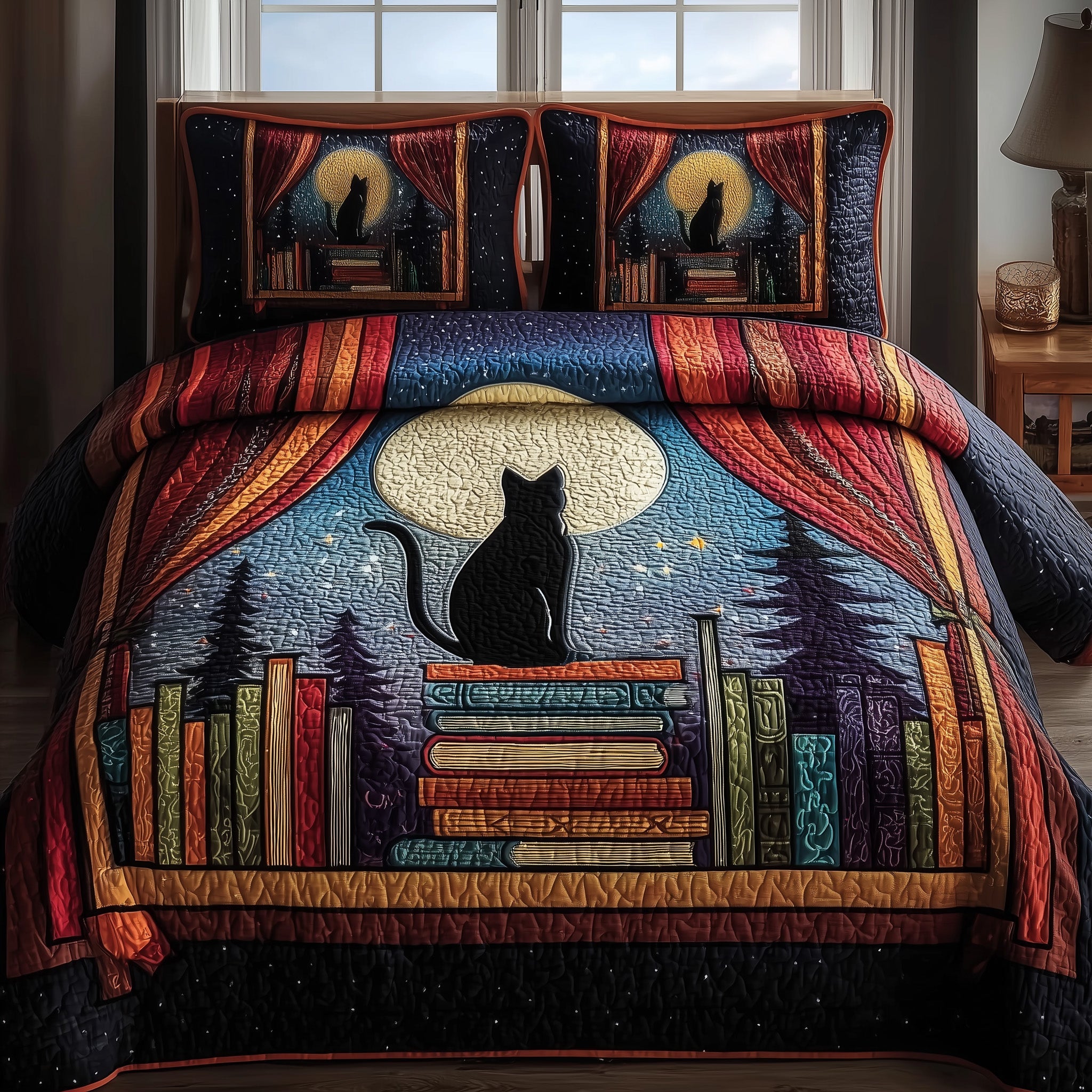 Mystic Whisker Quilted Bedding Set Duvet Cover Bedspread Cat Themed Gifts For Her
