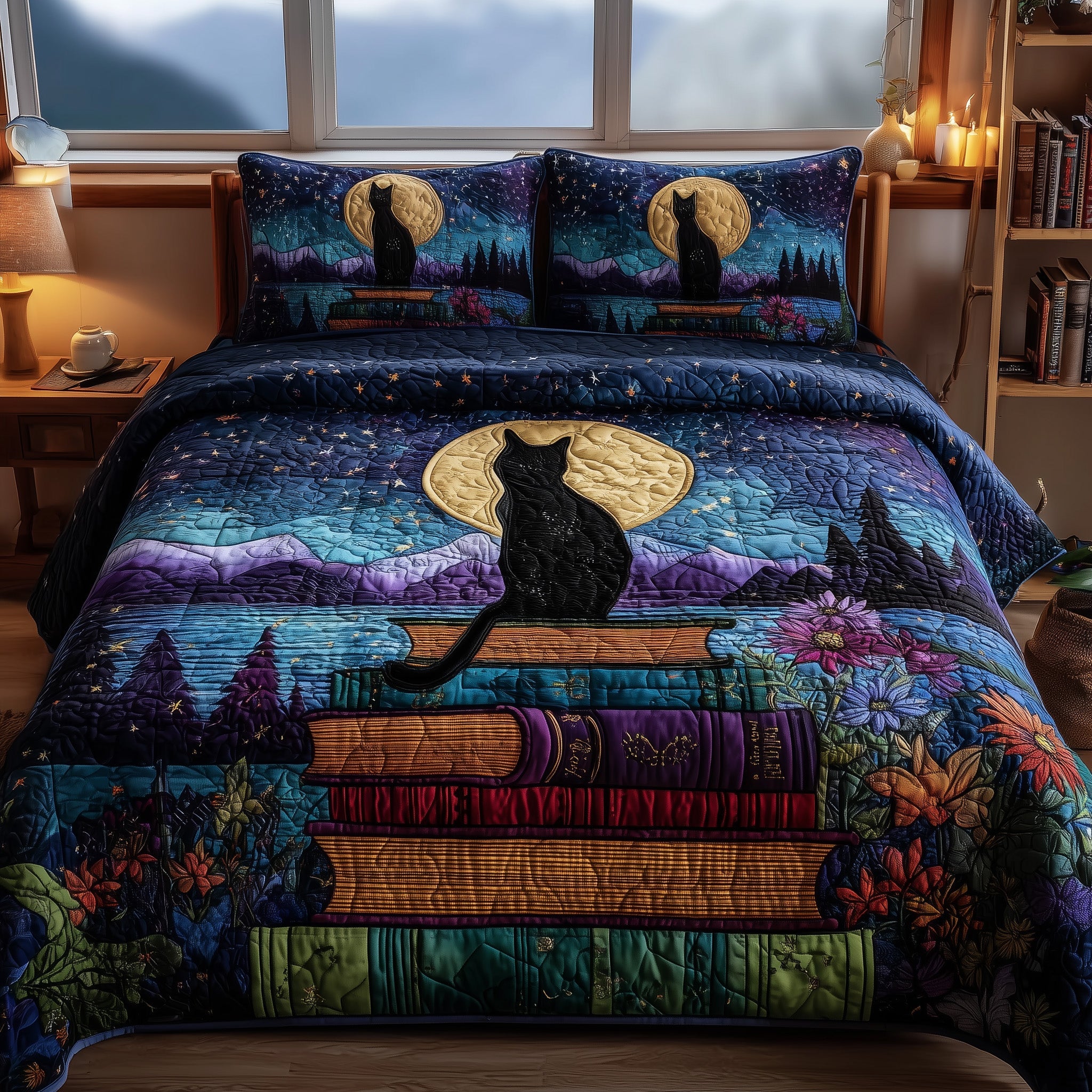 Mystic Whisker Quilted Bedding Set Duvet Cover Bedspread Cool Cat Presents