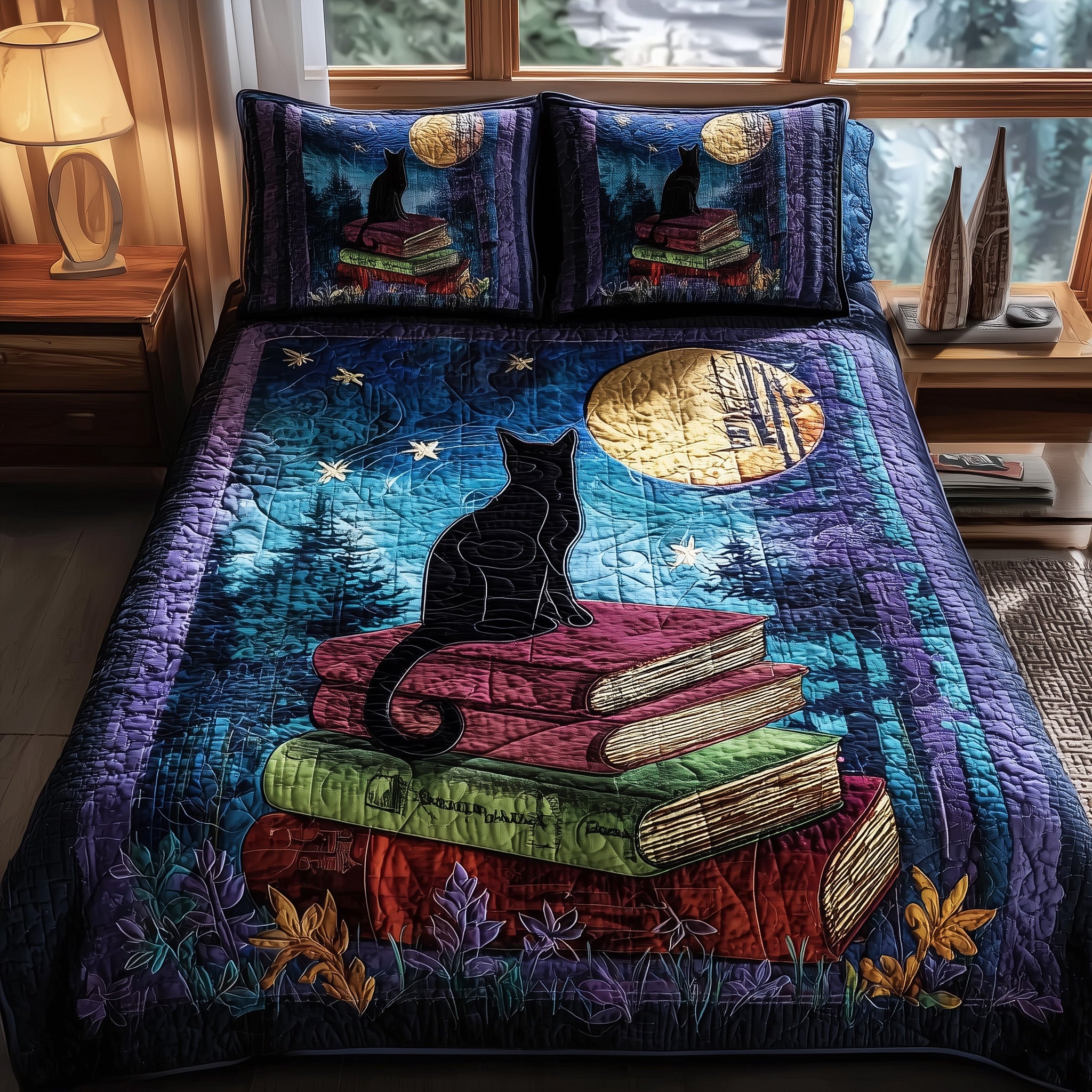 Mystic Whisker Quilted Bedding Set Duvet Cover Bedspread Gift For Cat Lover Man