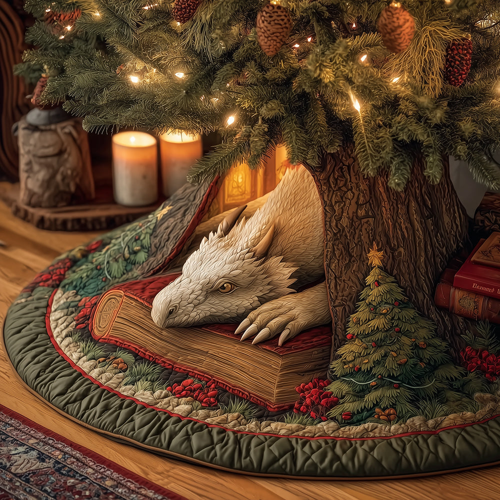 Mystic Winter Dragon Christmas Quilted Tree Skirt Winter Holiday Decor Best Gift For Dragon Lovers
