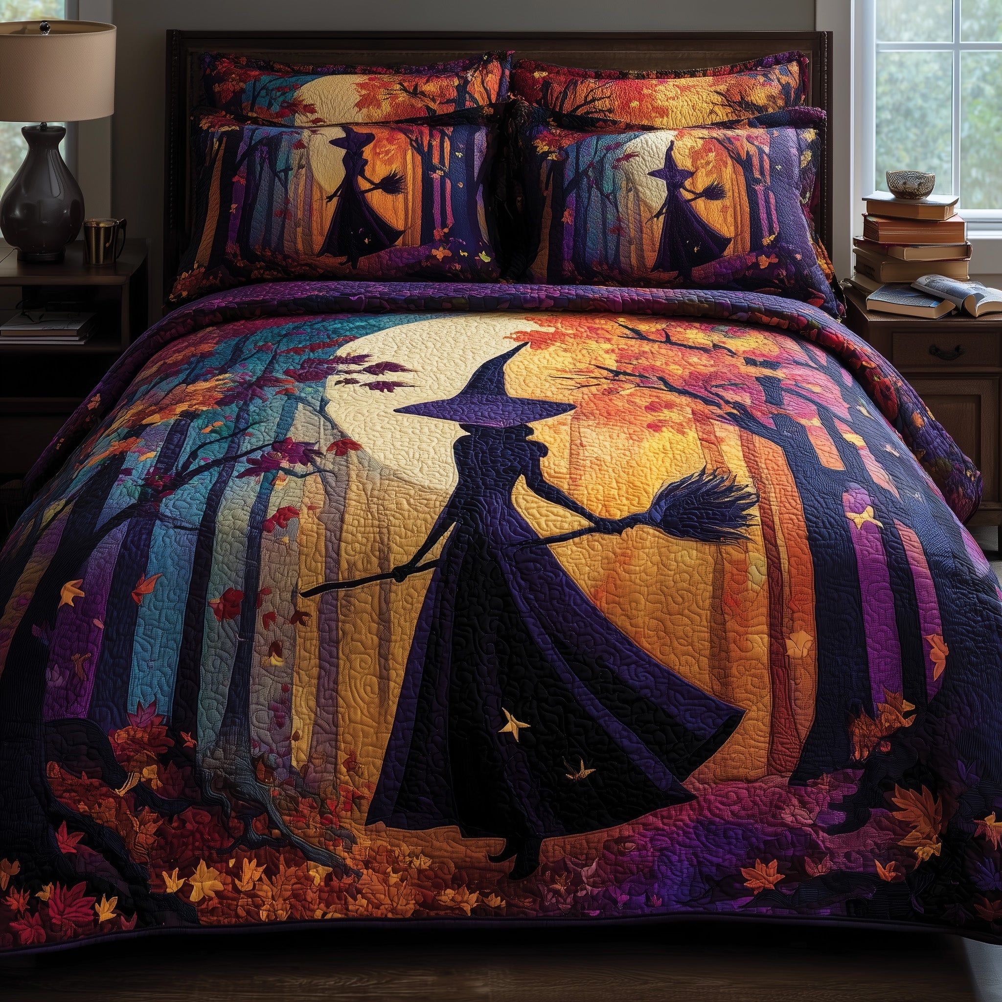 Mystic Witch Quilted Bedding Set Duvet Cover Bedspread Fall Gift Items