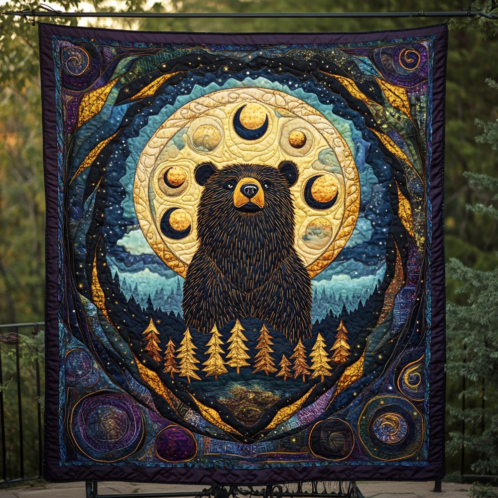 Mystical Bear Moon Phase Quilted Blanket Night Sky Art Cozy Throw Best Gift For Bear And Nature Fans