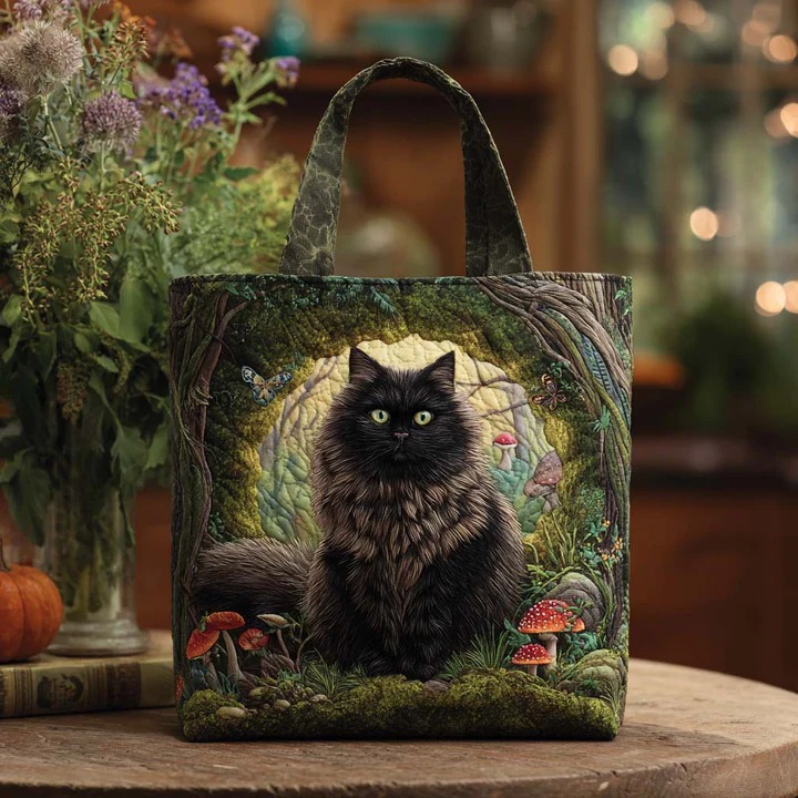 Mystical Black Cat Forest Mushroom Quilted Tote Bag Enchanted Cat Lover Boho Nature Gift For Her