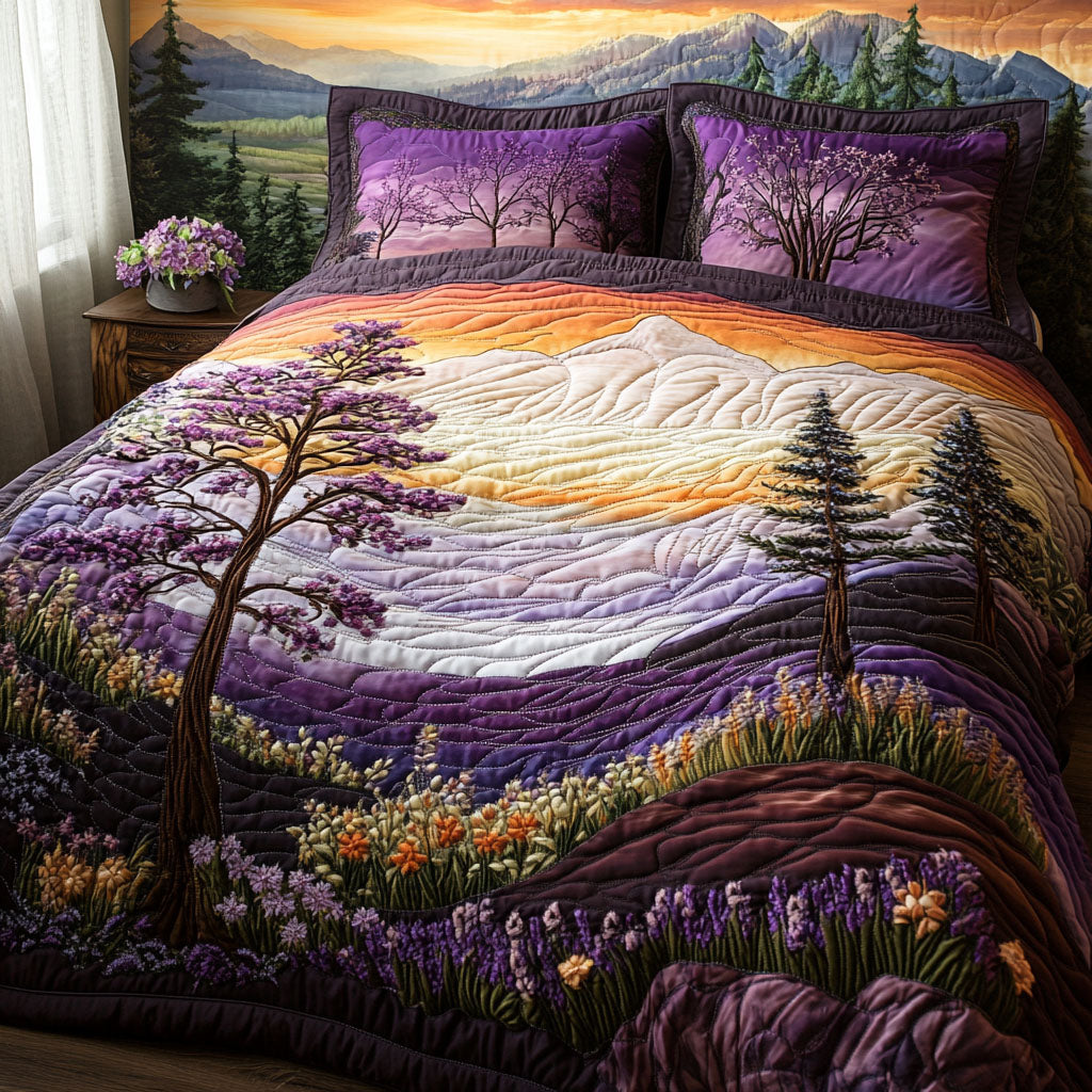 Mystical Landscape Quilted Bedding Set Cute Room Decor Unusual Lavender Gifts