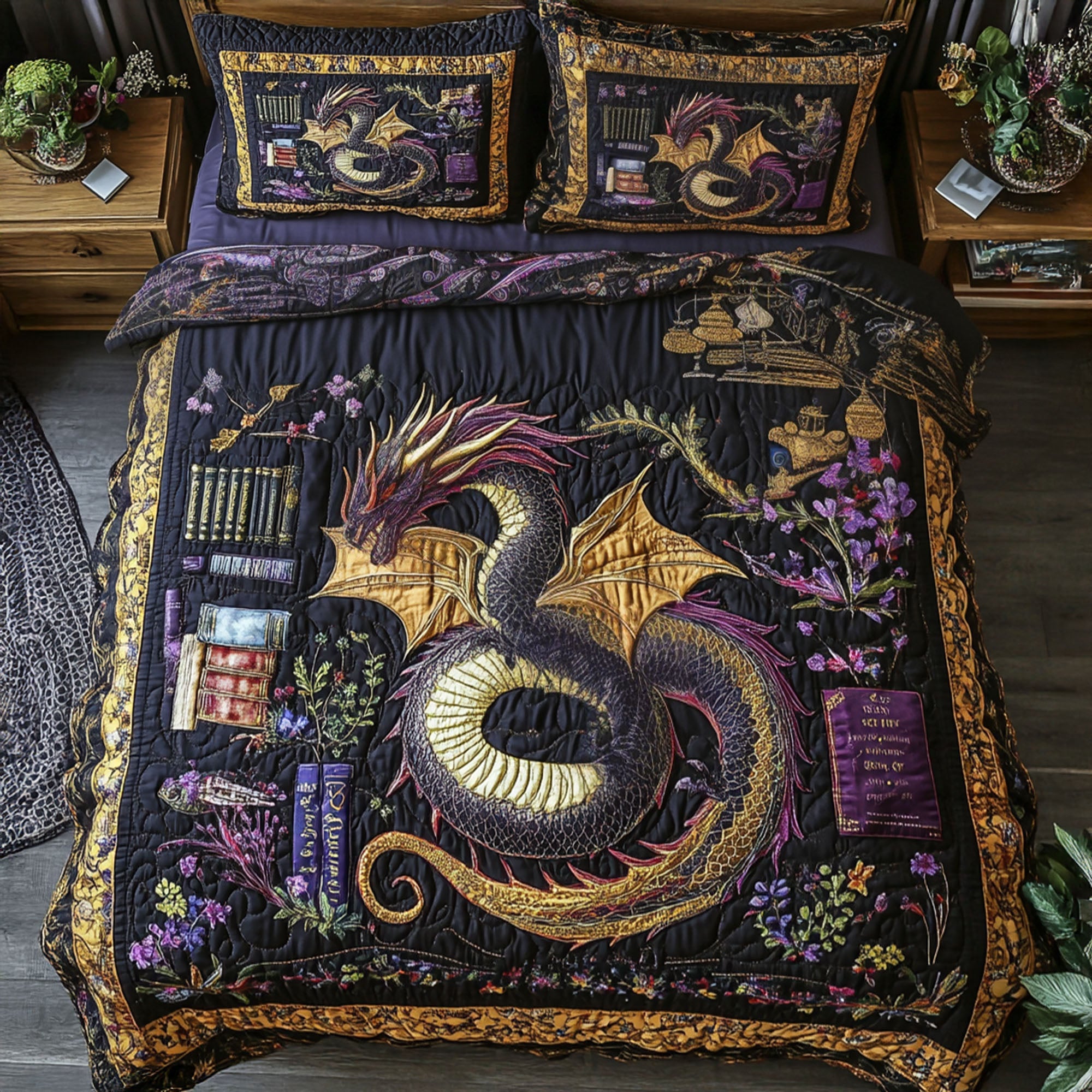 Mystical Reign Quilted Bedding Set Cozy Bedroom Decor Gift For Book Lover