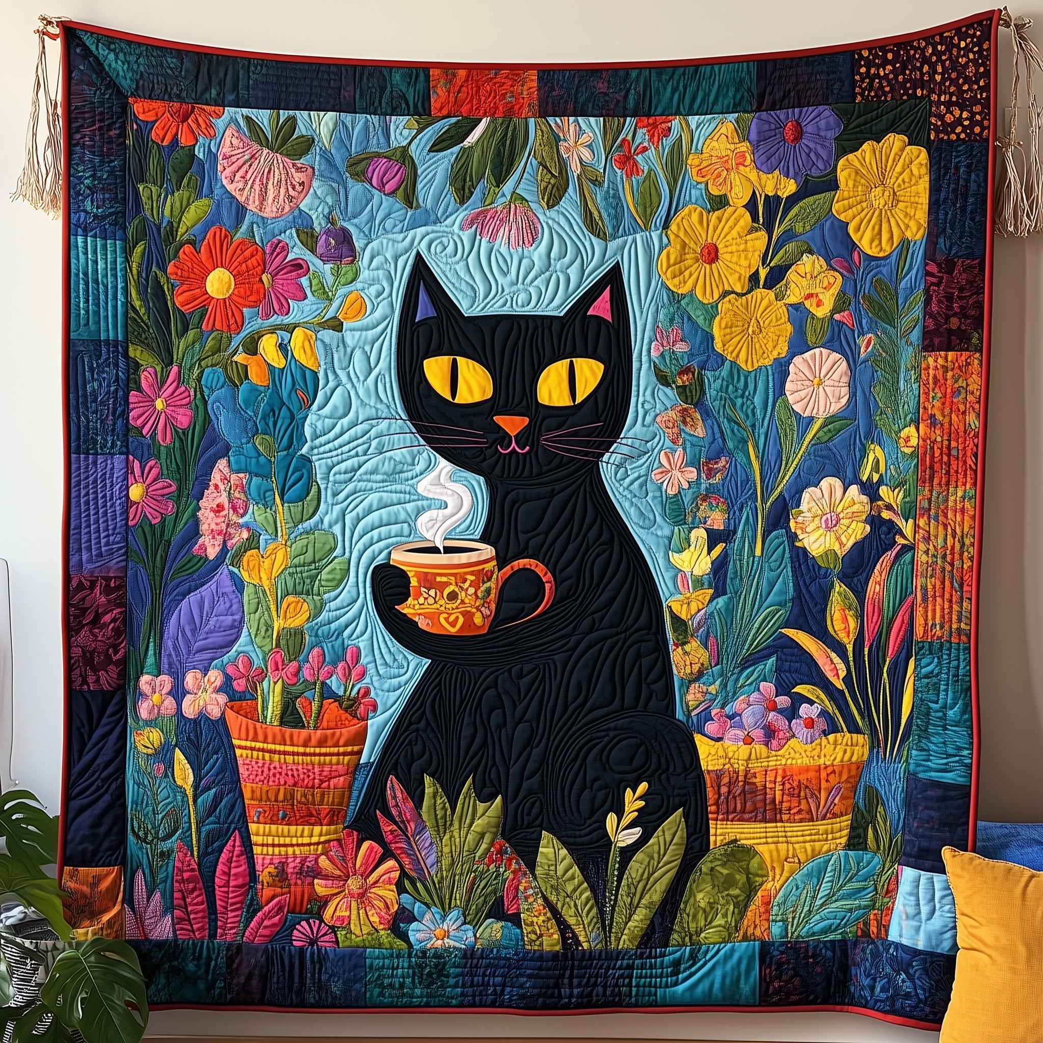 Mystical Tea Time Quilted Blanket Cute Bed BlanketChristmas Gifts For Cat Lovers