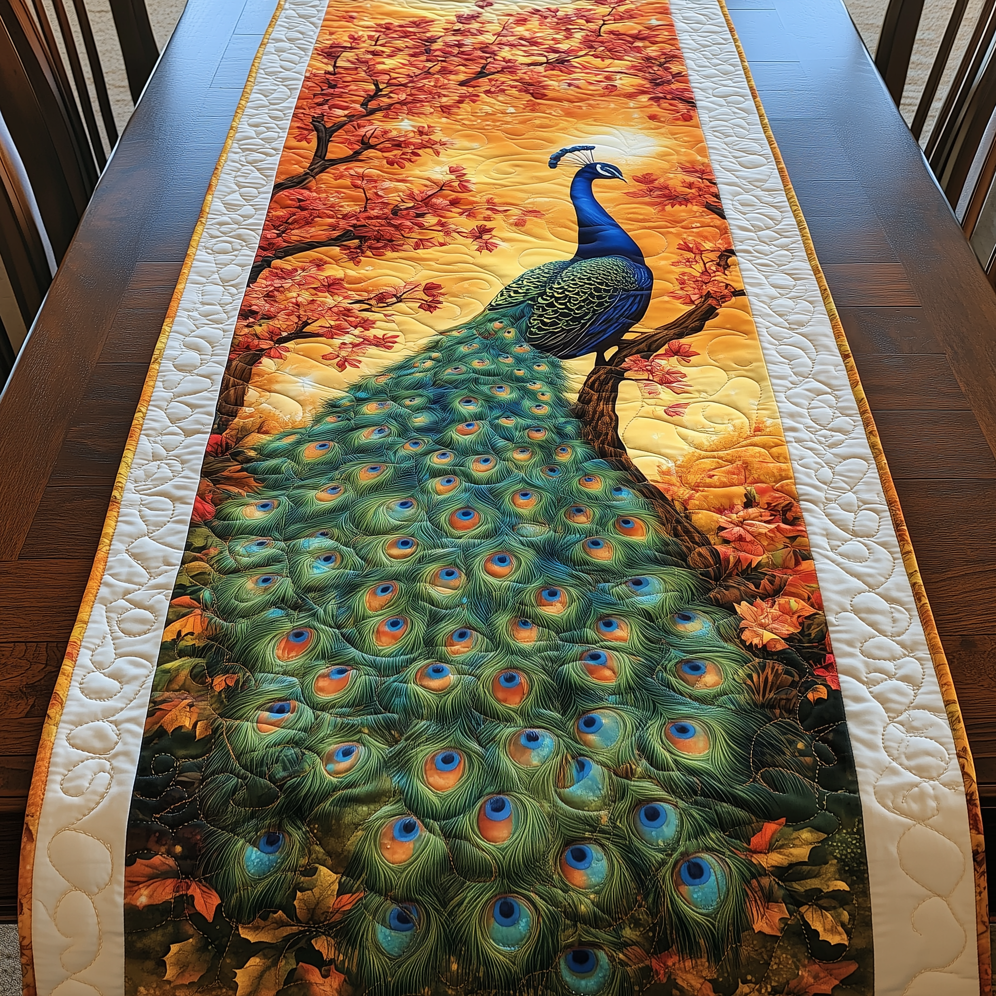 Mystical Twilight Peacock Quilted Table Runner Modern Coffee Table Runner Decorations Peacock Themed Gifts