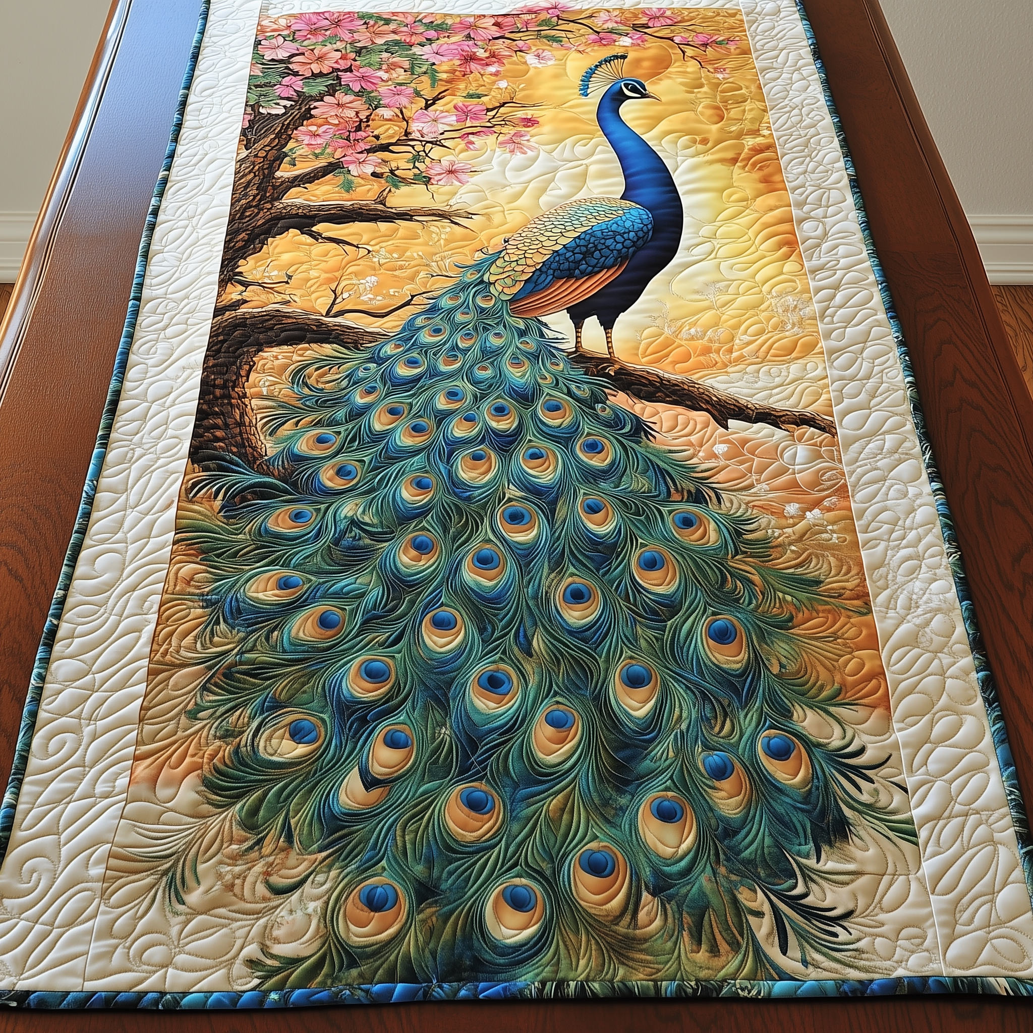 Mystical Twilight Peacock Quilted Table Runner Modern Coffee Table Runner Peacock Merchandise Gifts