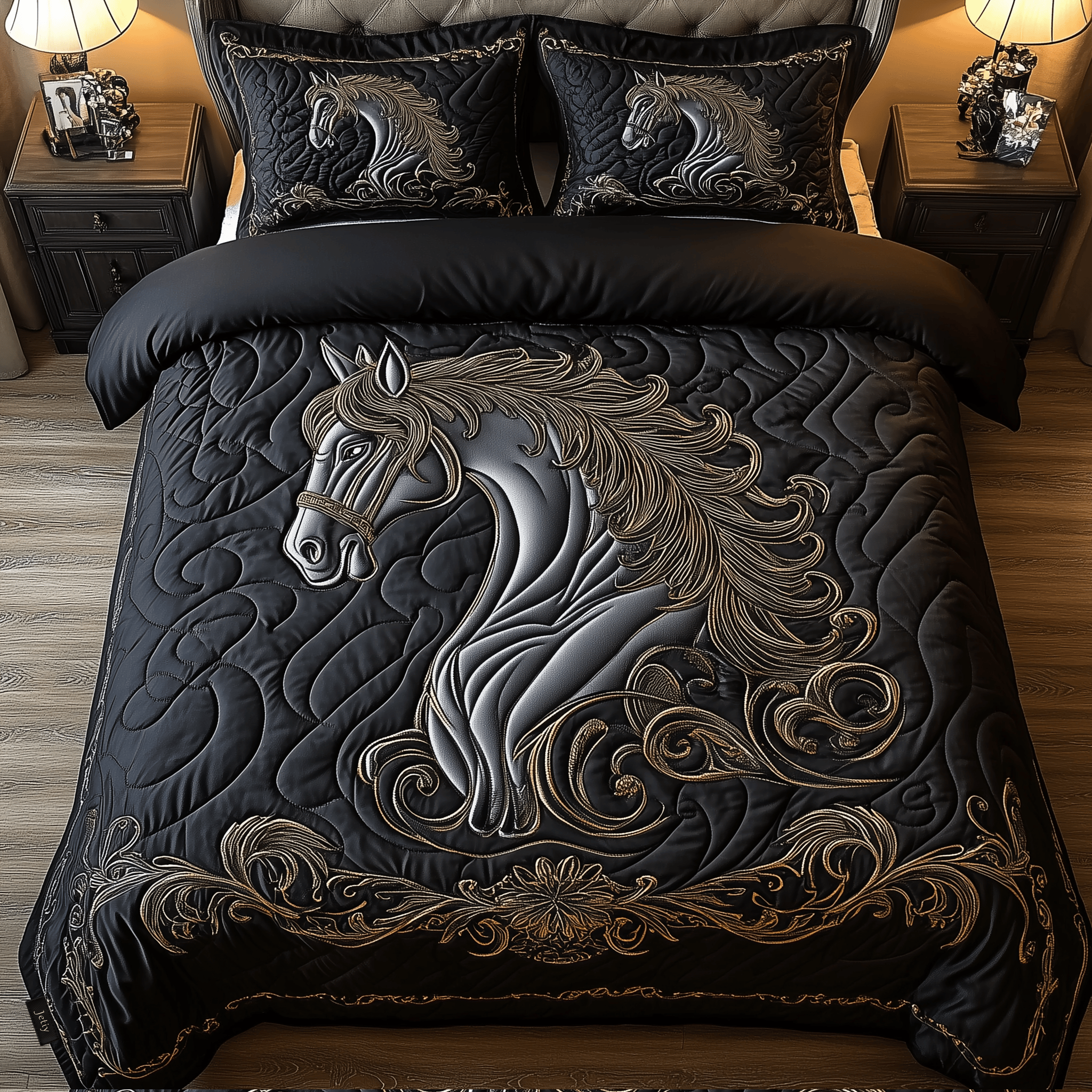 Mystique Black Horse Quilted Bedding Set Christmas Bedding Set Gifts For Couples Who Have Everything