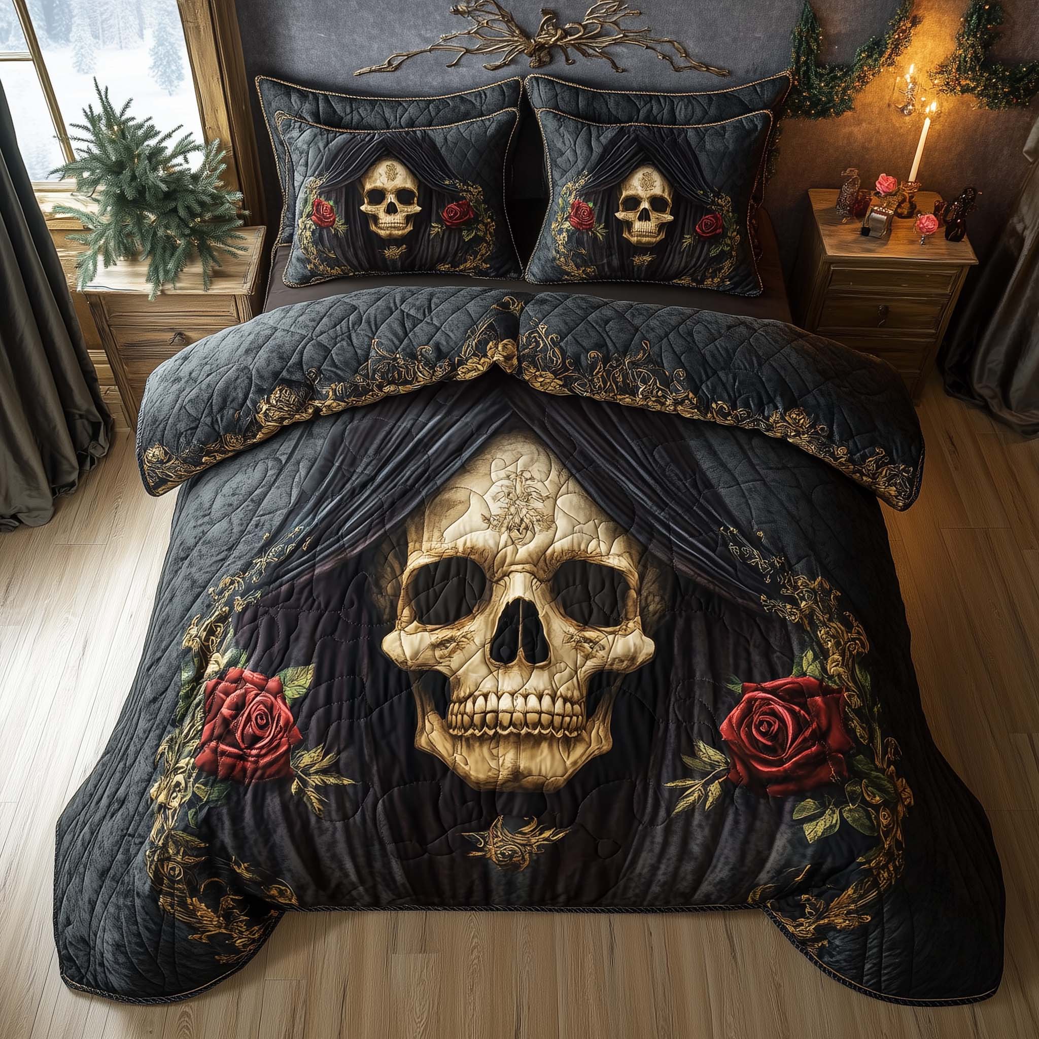 Mystique Solo Skull Quilted Bedding Set Dark Gothic Bedroom Decor Gift For Skull Lovers