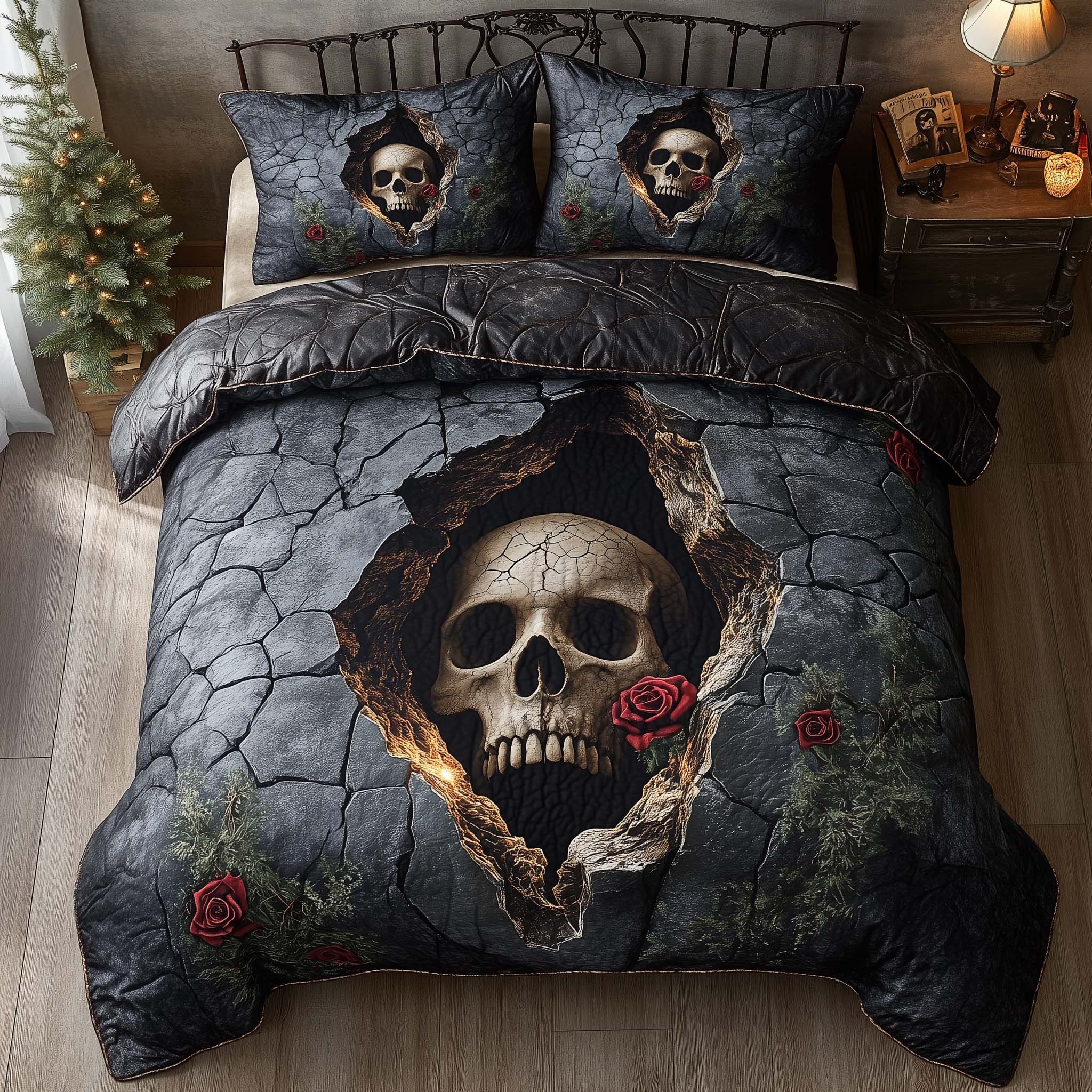 Mystique Solo Skull Quilted Bedding Set Edgy Gothic Bedroom Decor Gift For Gothic Lovers