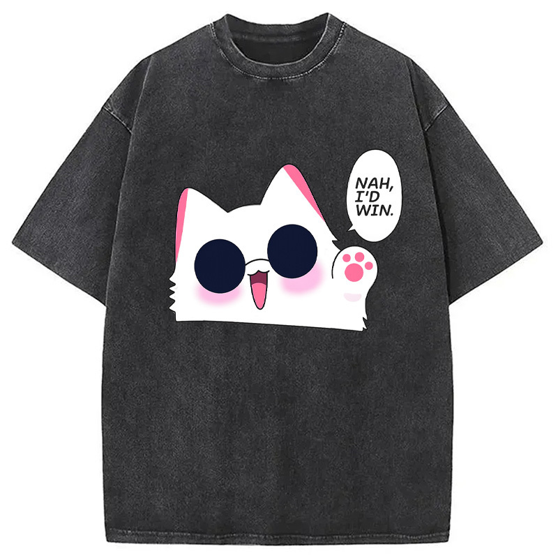Nah I'd Win Gojo Cat Japanese Meme Washed T-Shirt Retro Streetwear Graphic Top Gifts For BFF
