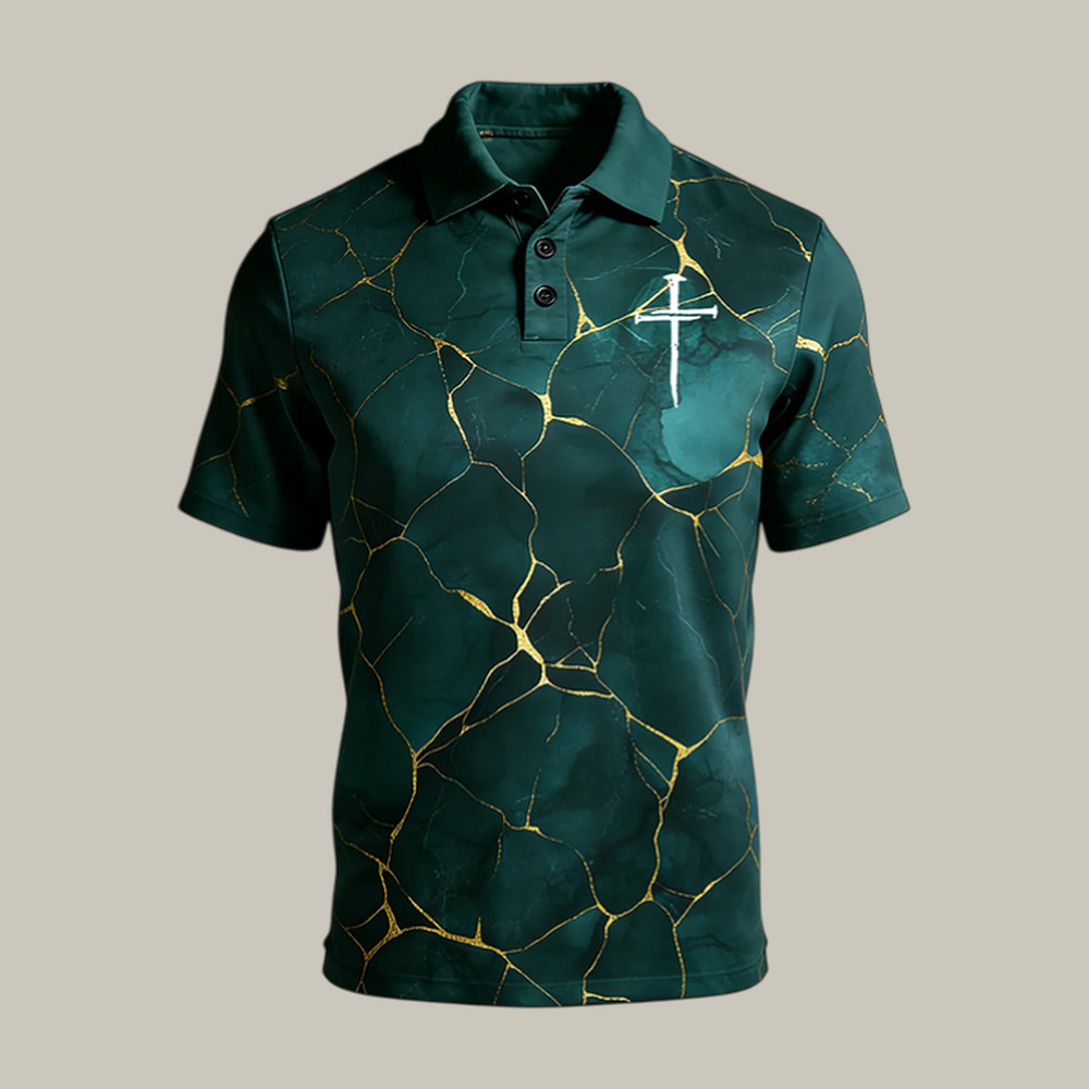 Nail Cross Faith Polo Shirt Cracked Rock Pattern Faith Based Shirt Present Idea For Father's Day
