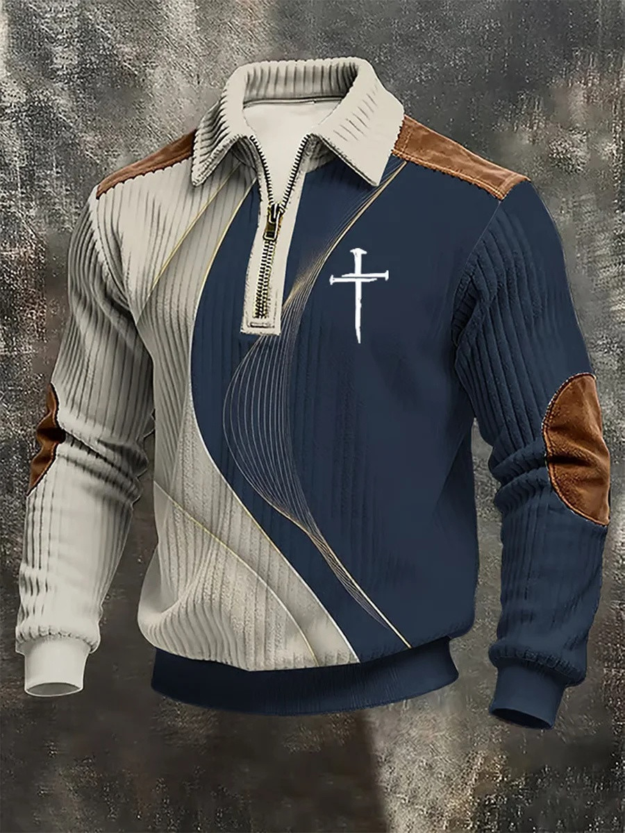 Nail Cross Faith Vintage Zip Polo Sweatshirt Men Christian Apparel Best Gift For Believers