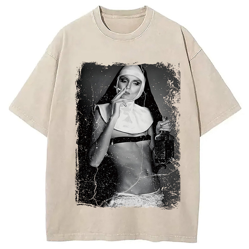 Naked Naughty Smoking Nun Washed T-Shirt Minimal Retro Graphic Clothing Gifts For Him Naked Naughty Smoking Nun Washed T-Shirt Minimal Retro Graphic Clothing Gifts For Him